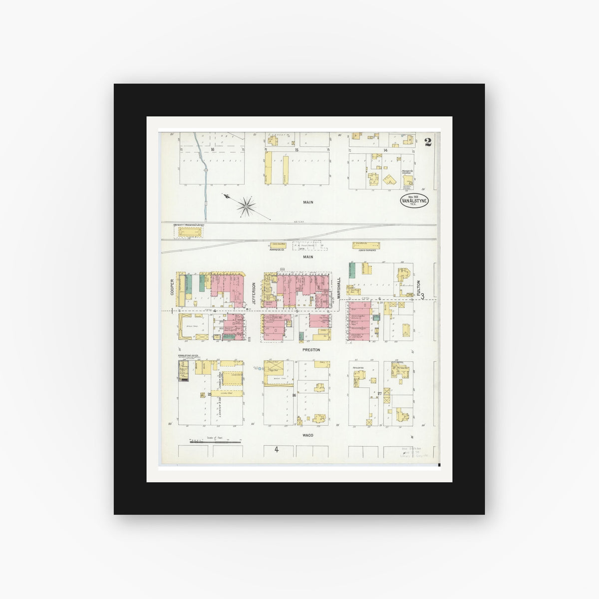 Old map wall art mockup — black gallery frame with white mat — Sanborn Fire Insurance Map from Van Alstyne, Grayson County, Texas (1901), Sheet #0002