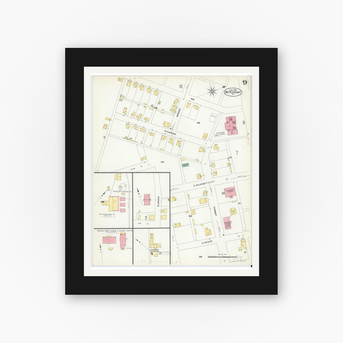 Old map wall art mockup — black gallery frame with white mat — Sanborn Fire Insurance Map from Mount Pleasant, Westmoreland County, Pennsylvania (1908), Sheet #0009