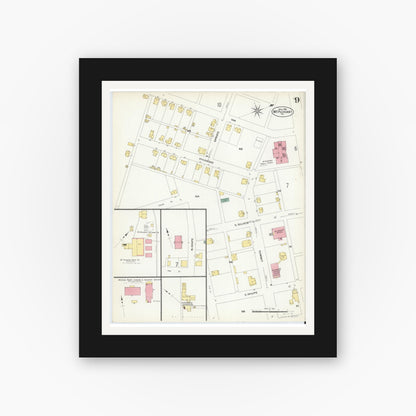 Old map wall art mockup — black gallery frame with white mat — Sanborn Fire Insurance Map from Mount Pleasant, Westmoreland County, Pennsylvania (1908), Sheet #0009