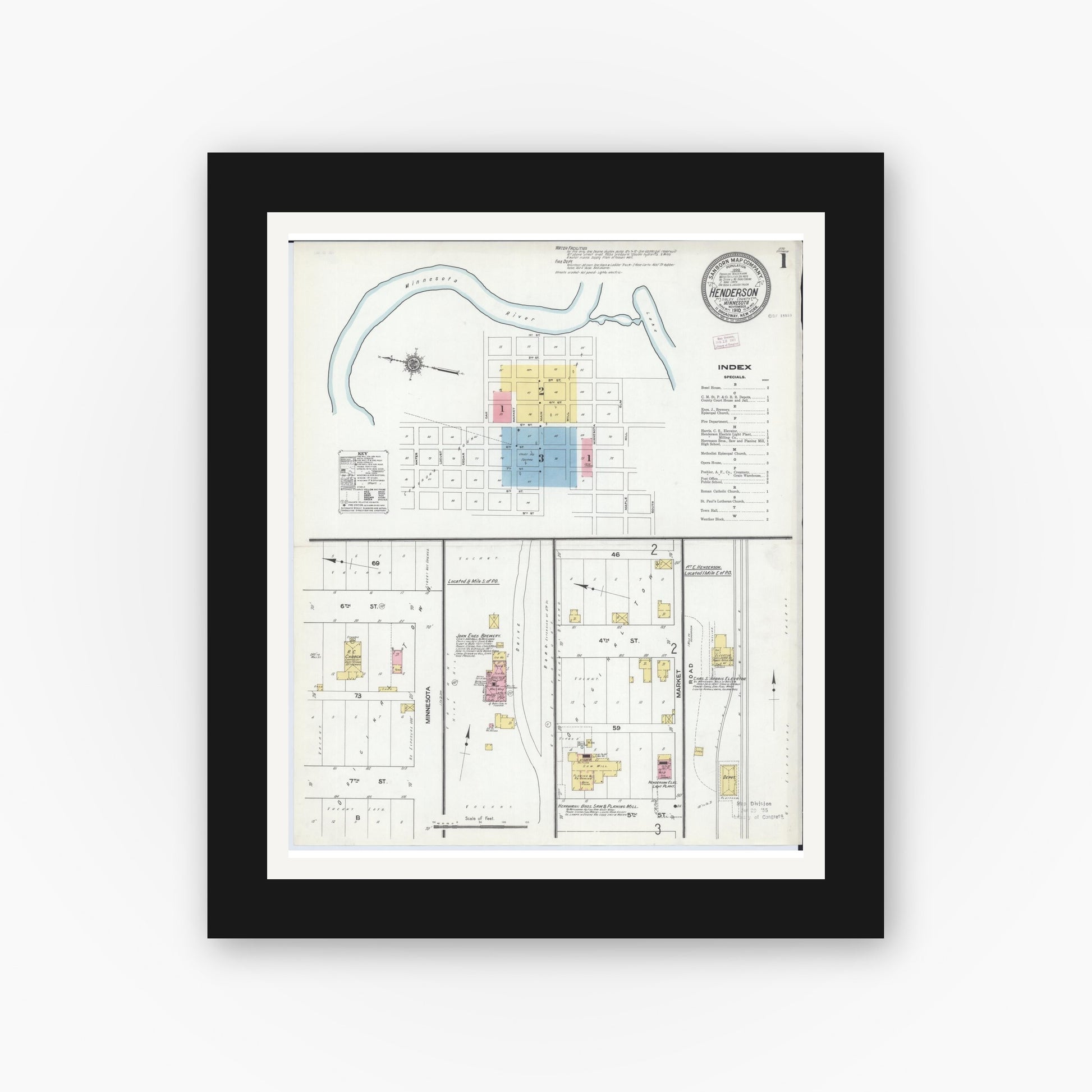 Old map wall art mockup — black gallery frame with white mat — Sanborn Fire Insurance Map from Henderson, Sibley County, Minnesota (1910) - Complete Map Set