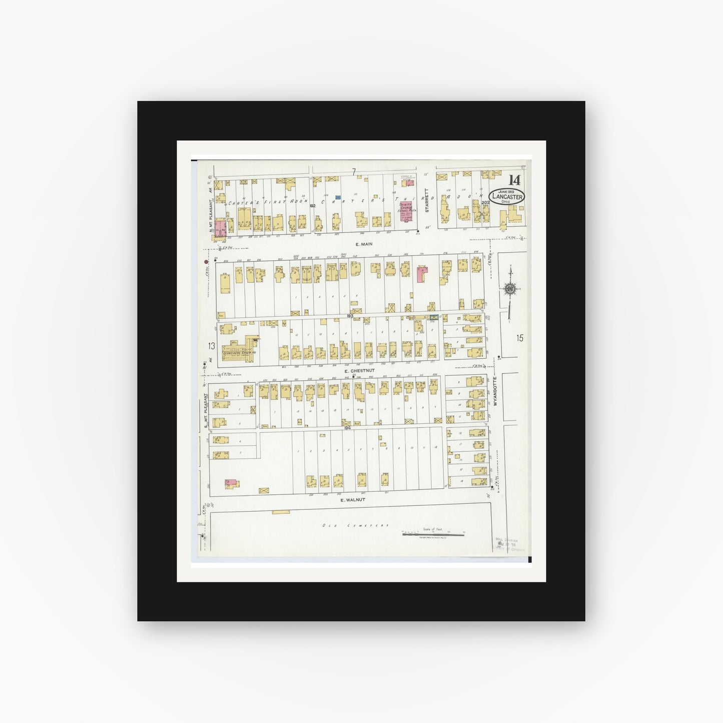 Old map wall art mockup — black gallery frame with white mat — Sanborn Fire Insurance Map from Lancaster, Fairfield County, Ohio (1919), Sheet #0014