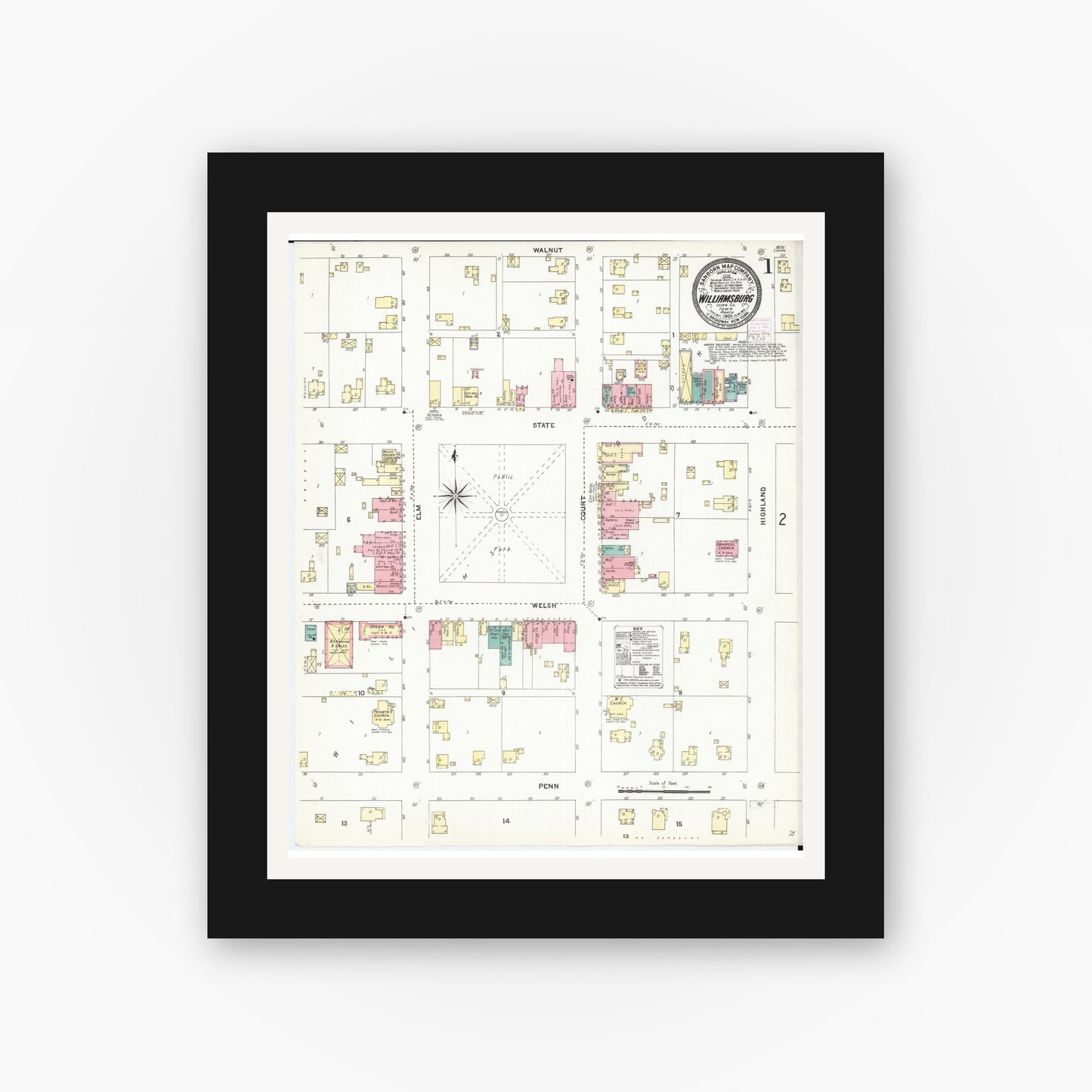 Old map wall art mockup — black gallery frame with white mat — Sanborn Fire Insurance Map from Williamsburg, Iowa County, Iowa (1906) â€” Complete Set