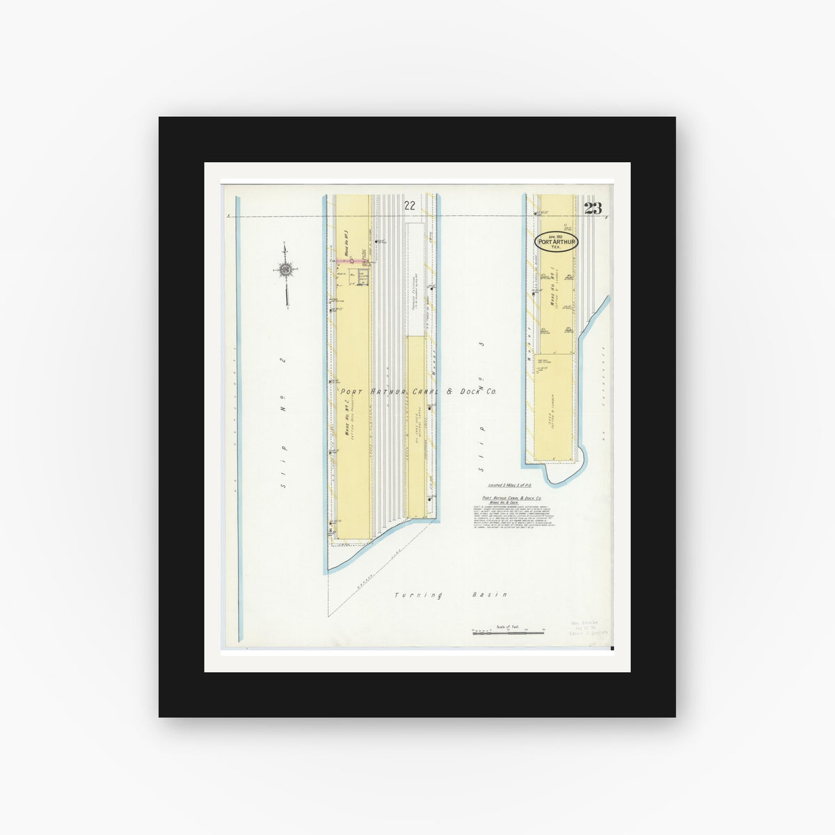 Old map wall art mockup — black gallery frame with white mat — Sanborn Fire Insurance Map from Port Arthur, Jefferson County, Texas (1910), Sheet #0023