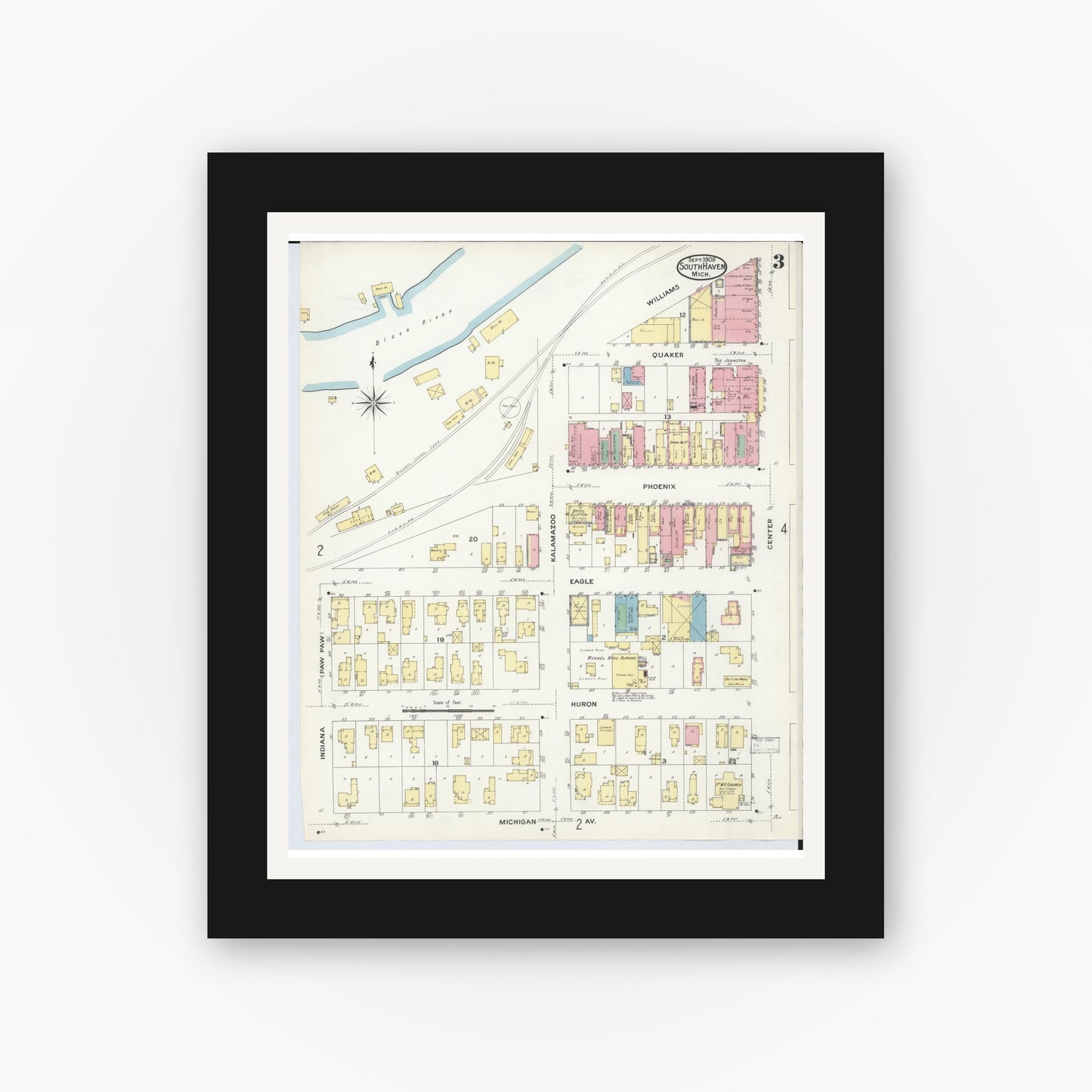 Old map wall art mockup — black gallery frame with white mat — Sanborn Fire Insurance Map from South Haven, Van Buren County, Michigan (1908), Sheet #0003
