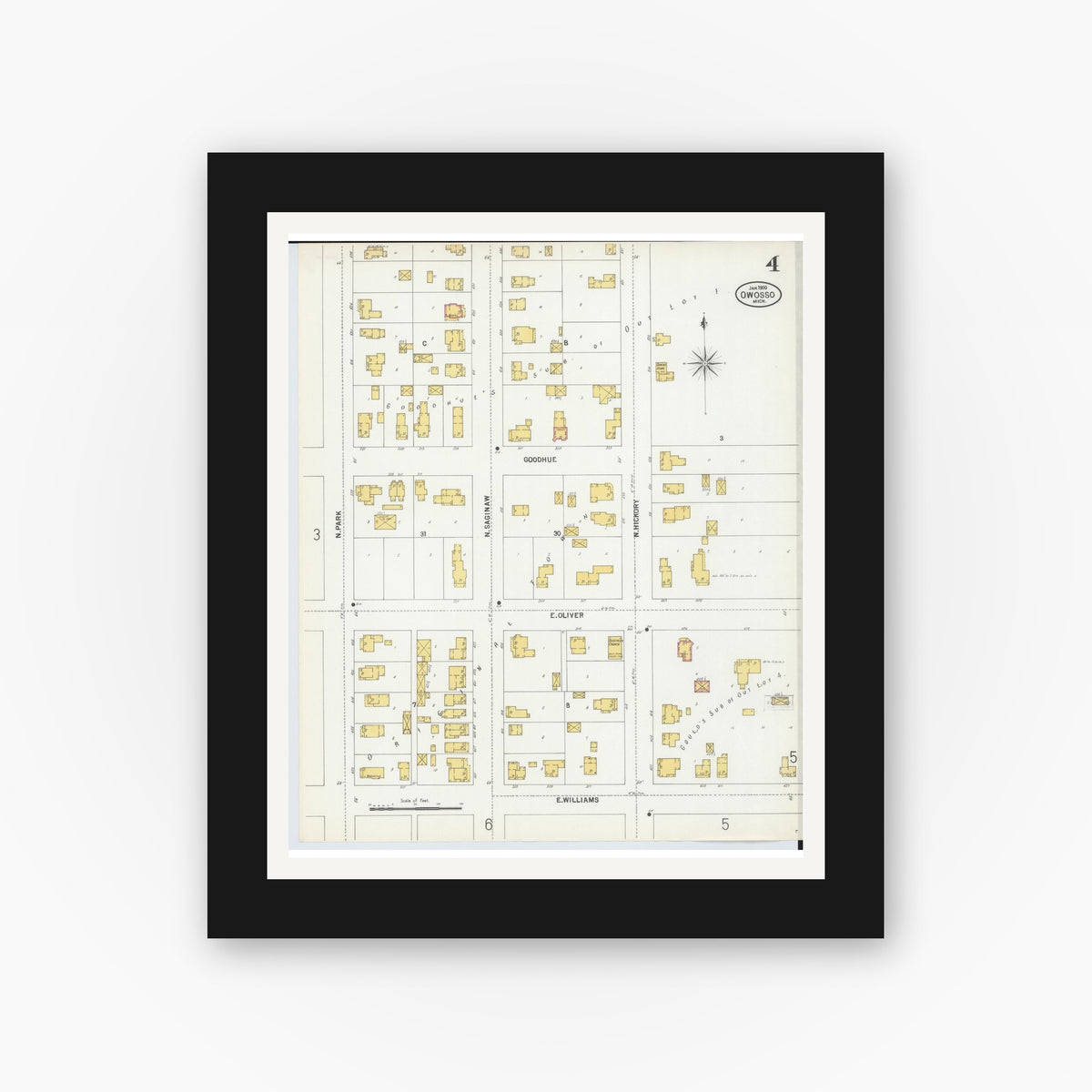 Old map wall art mockup — black gallery frame with white mat — Sanborn Fire Insurance Map from Owosso, Shiawassee County, Michigan (1900), Sheet #0004