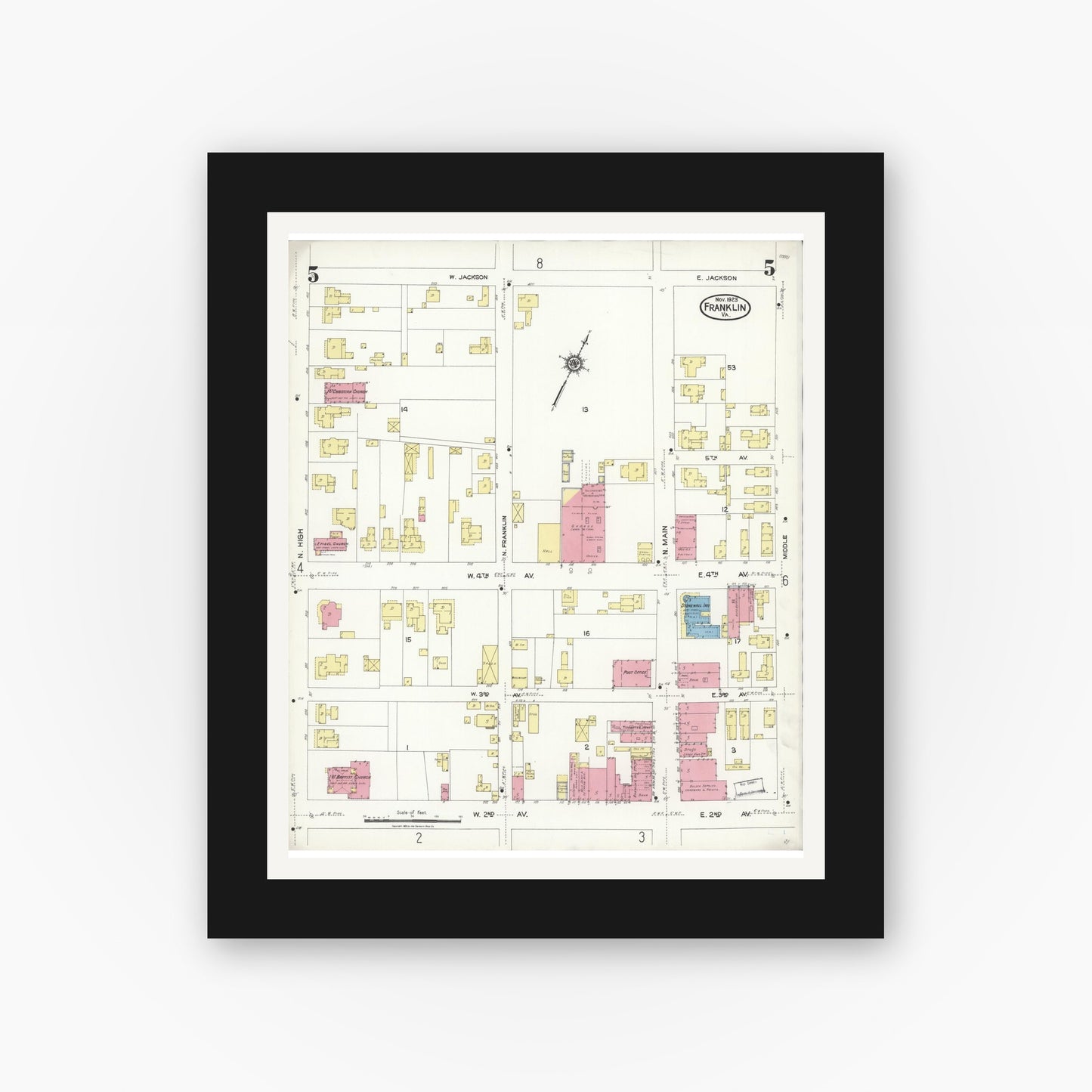 Old map wall art mockup — black gallery frame with white mat — Sanborn Fire Insurance Map from Franklin, Independent Cities, Virginia (1923), Sheet #0005