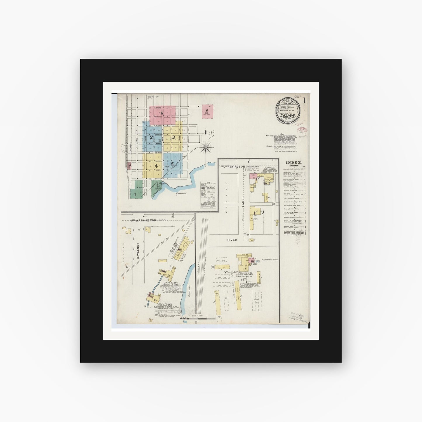 Old map wall art mockup — black gallery frame with white mat — Sanborn Fire Insurance Map from Celina, Mercer County, Ohio (1895) - Complete Map Set