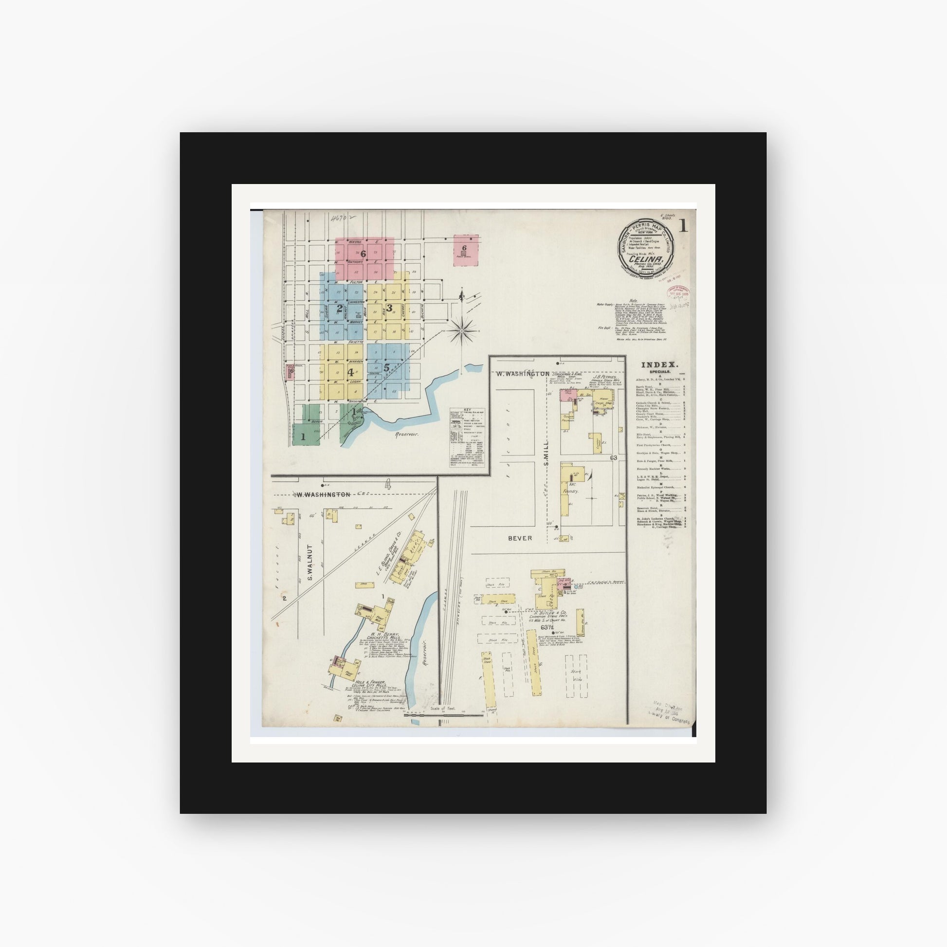 Old map wall art mockup — black gallery frame with white mat — Sanborn Fire Insurance Map from Celina, Mercer County, Ohio (1895) - Complete Map Set