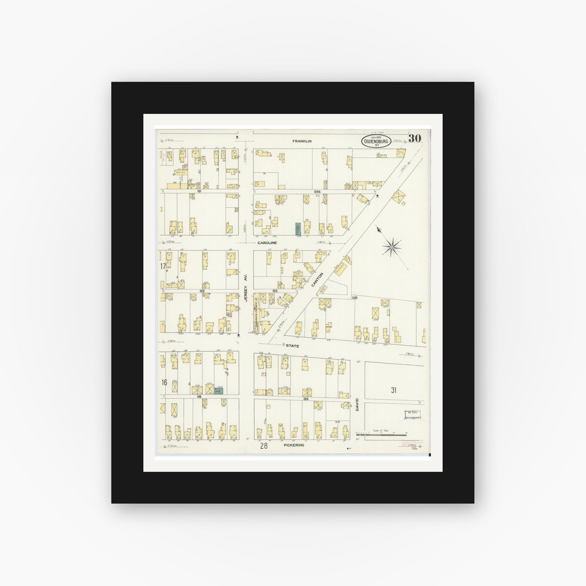 Old map wall art mockup — black gallery frame with white mat — Sanborn Fire Insurance Map from Ogdensburg, St. Lawrence County, New York (1909), Sheet #0030