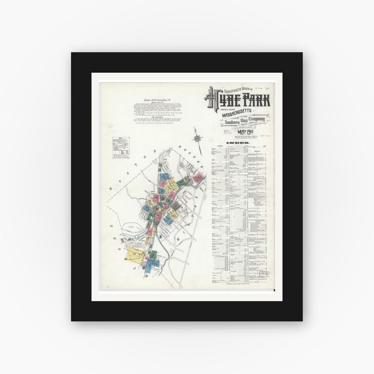 Old map wall art mockup — black gallery frame with white mat — Sanborn Fire Insurance Map from Hyde Park, Norfolk County, Massachusetts (1911) - Complete Map Set