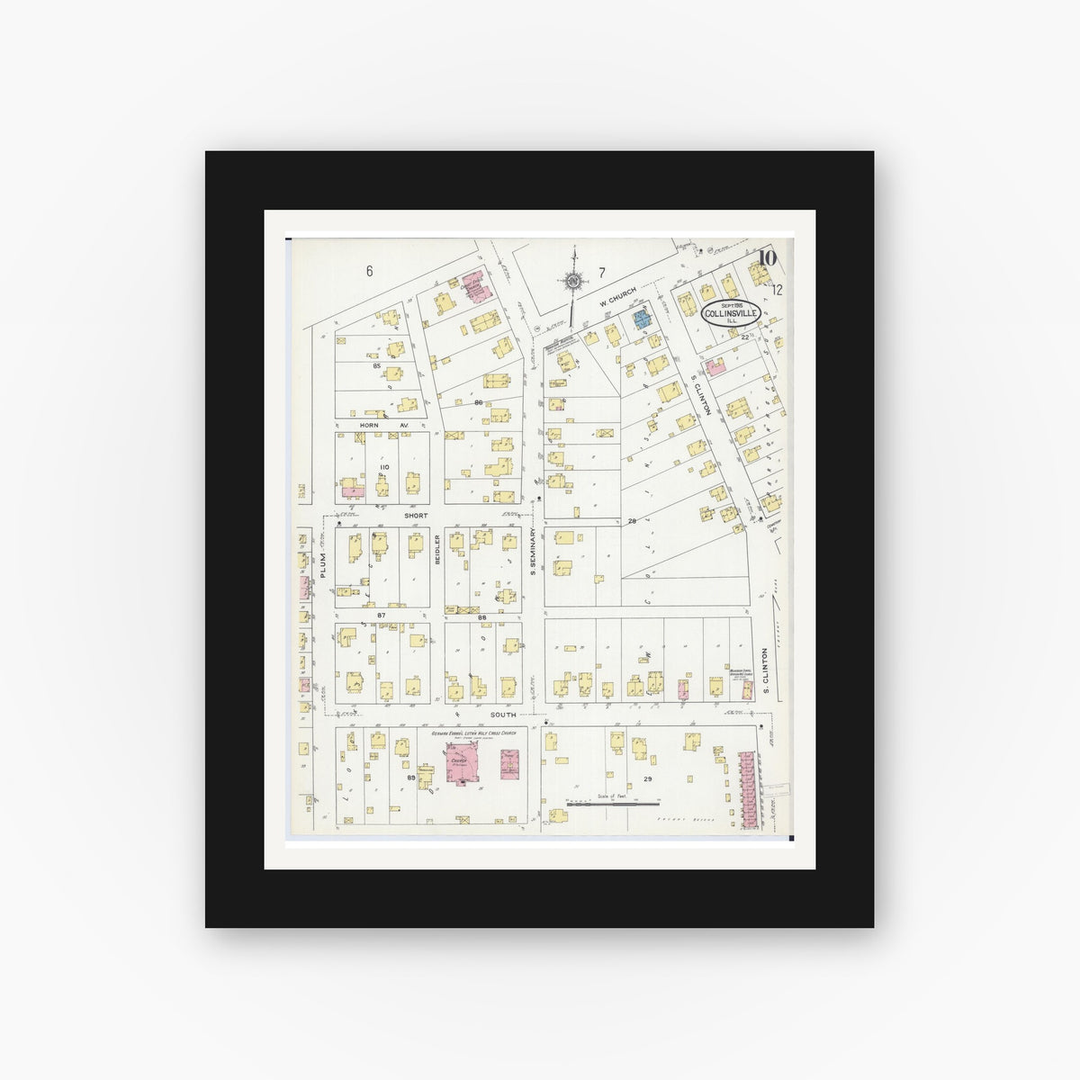 Old map wall art mockup — black gallery frame with white mat — Sanborn Fire Insurance Map from Collinsville, Madison County, Illinois (1915), Sheet #0010