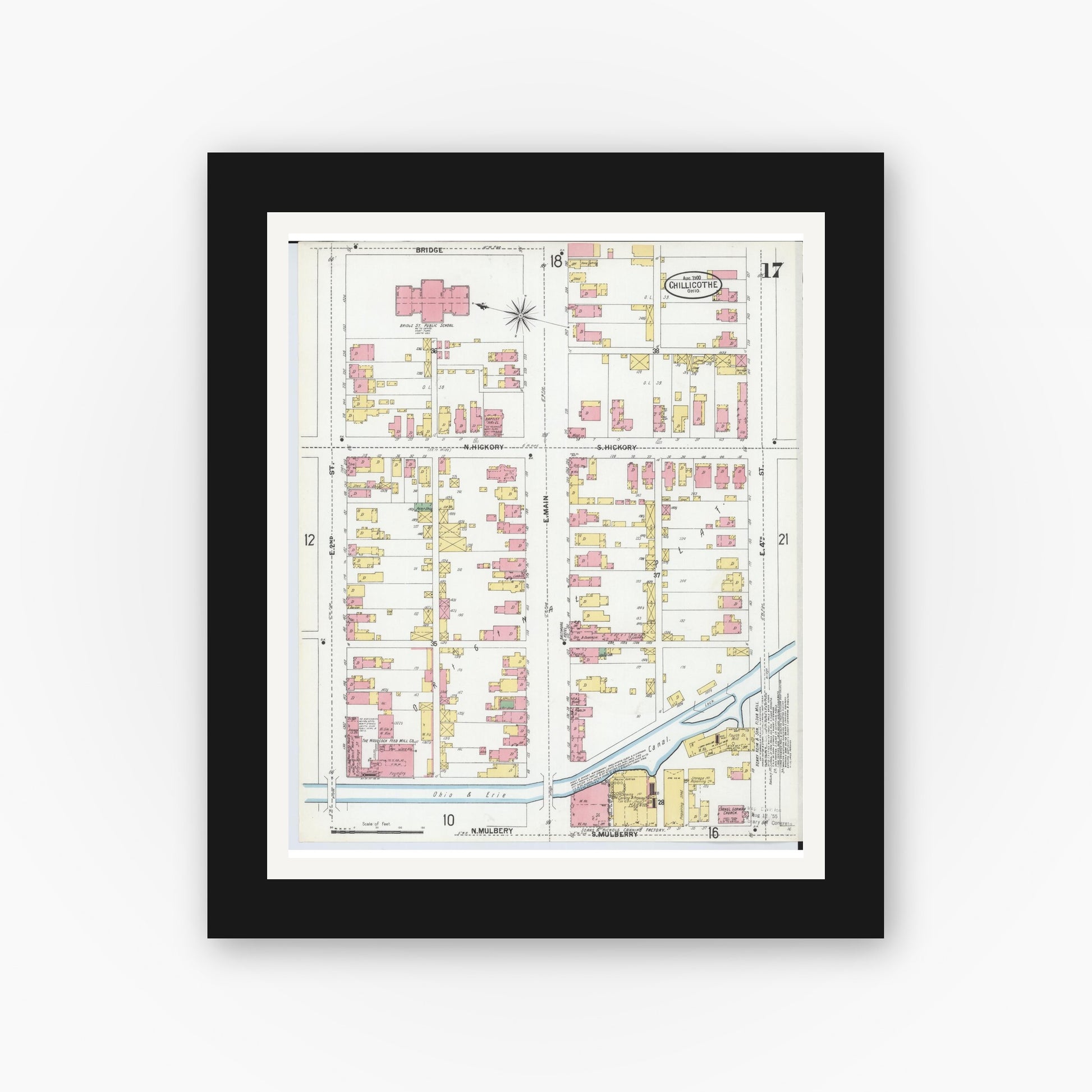 Old map wall art mockup — black gallery frame with white mat — Sanborn Fire Insurance Map from Chillicothe, Ross County, Ohio (1900), Sheet #0017