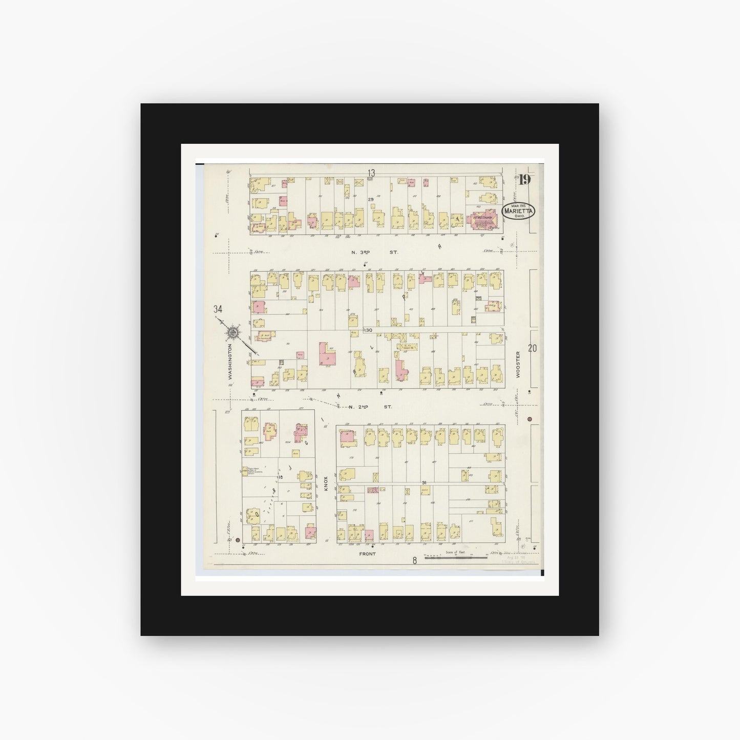 Old map wall art mockup — black gallery frame with white mat — Sanborn Fire Insurance Map from Marietta, Washington County, Ohio (1915), Sheet #0019