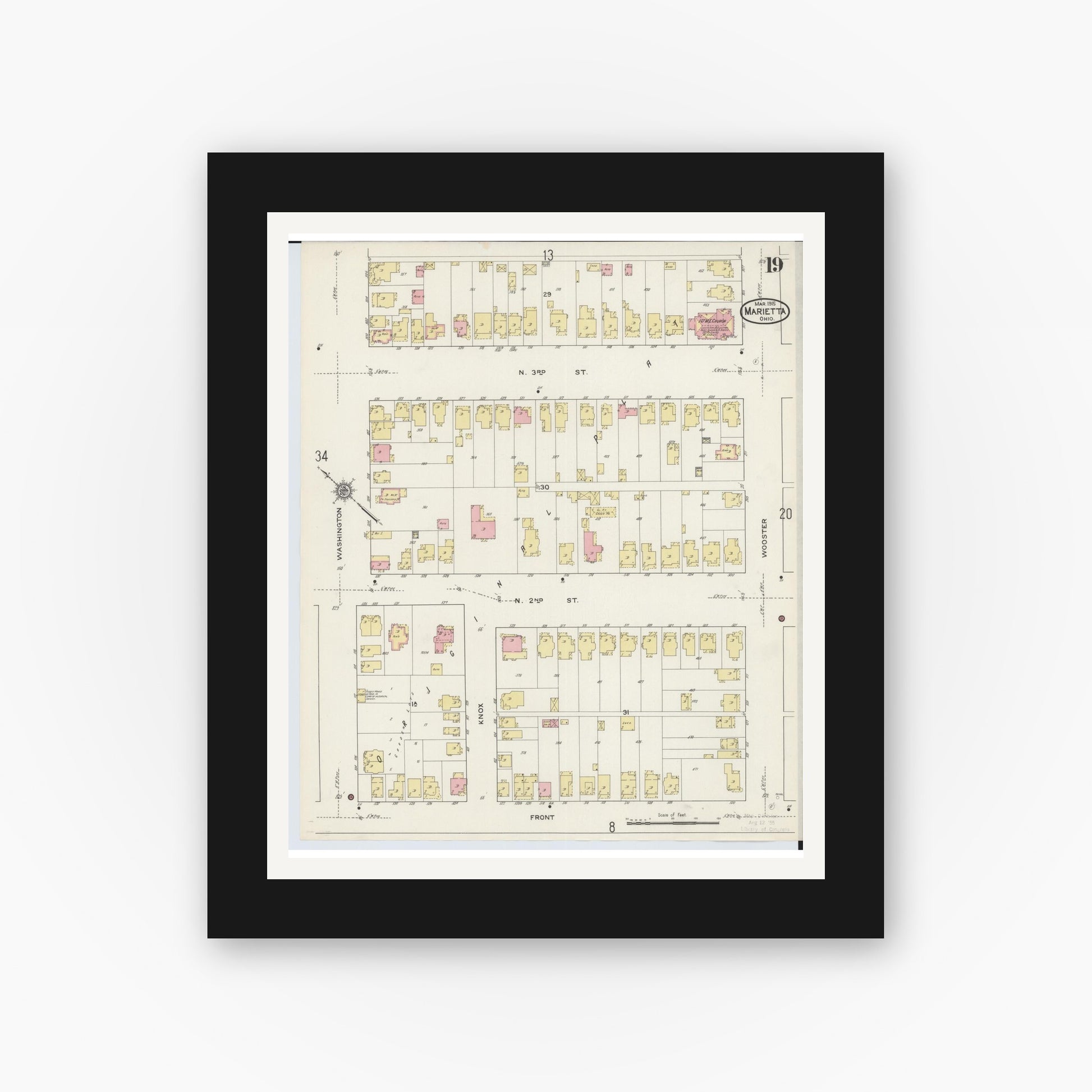 Old map wall art mockup — black gallery frame with white mat — Sanborn Fire Insurance Map from Marietta, Washington County, Ohio (1915), Sheet #0019