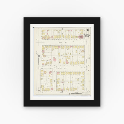 Old map wall art mockup — black gallery frame with white mat — Sanborn Fire Insurance Map from Marietta, Washington County, Ohio (1915), Sheet #0019