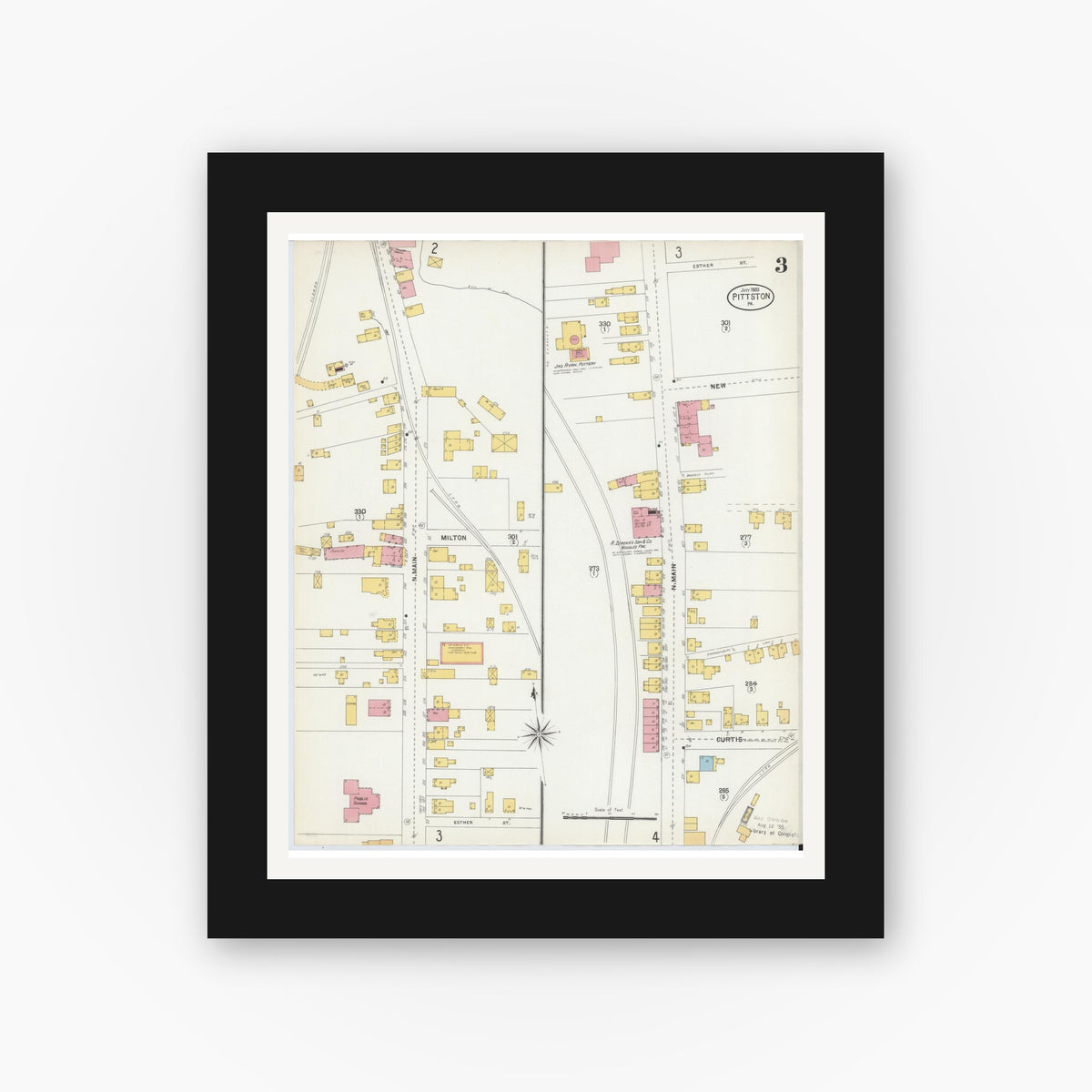 Old map wall art mockup — black gallery frame with white mat — Sanborn Fire Insurance Map from Pittston, Luzerne County, Pennsylvania (1903), Sheet #0003