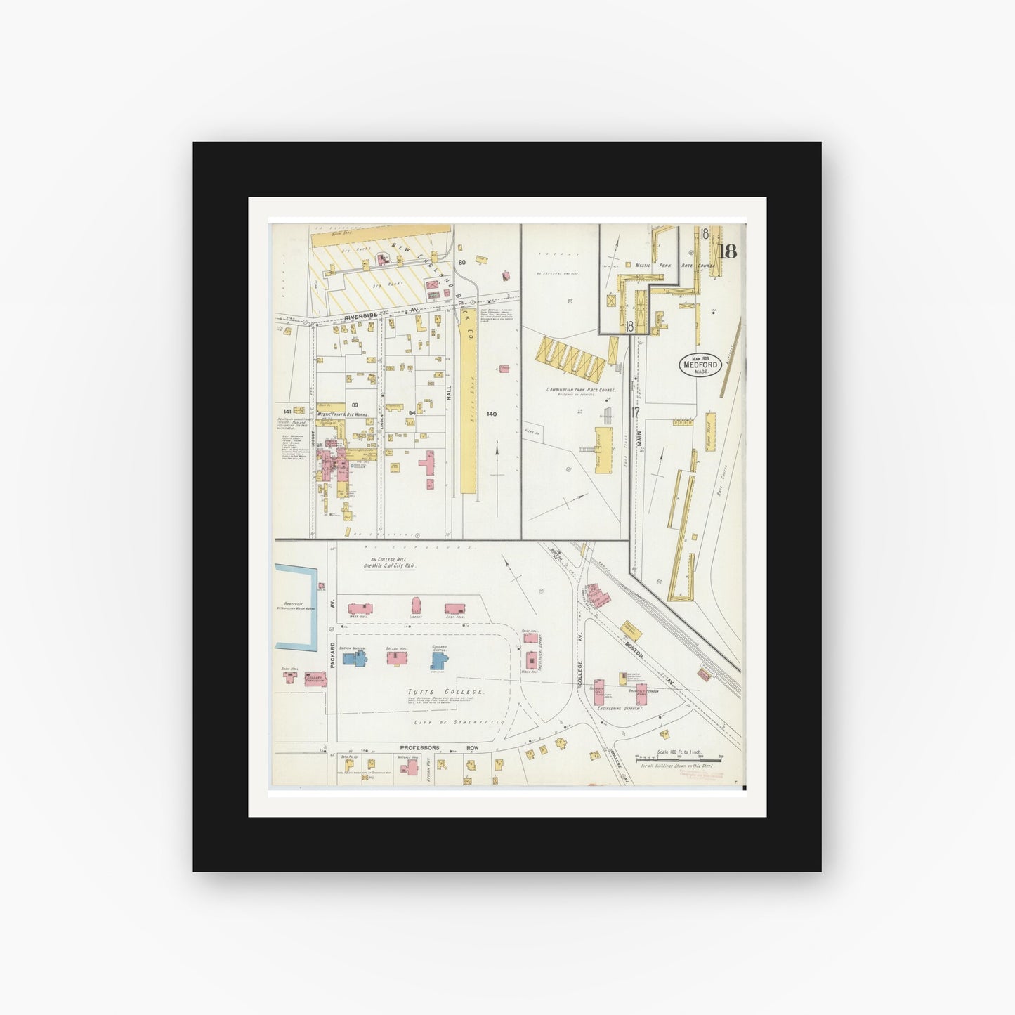 Old map wall art mockup — black gallery frame with white mat — Sanborn Fire Insurance Map from Medford, Middlesex County, Massachusetts (1903), Sheet #0018