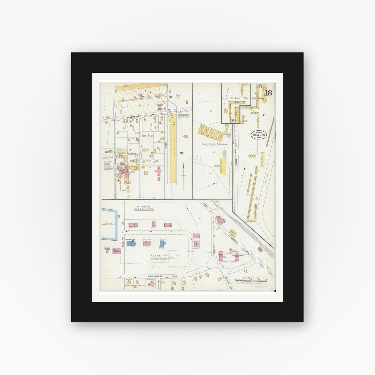 Old map wall art mockup — black gallery frame with white mat — Sanborn Fire Insurance Map from Medford, Middlesex County, Massachusetts (1903), Sheet #0018