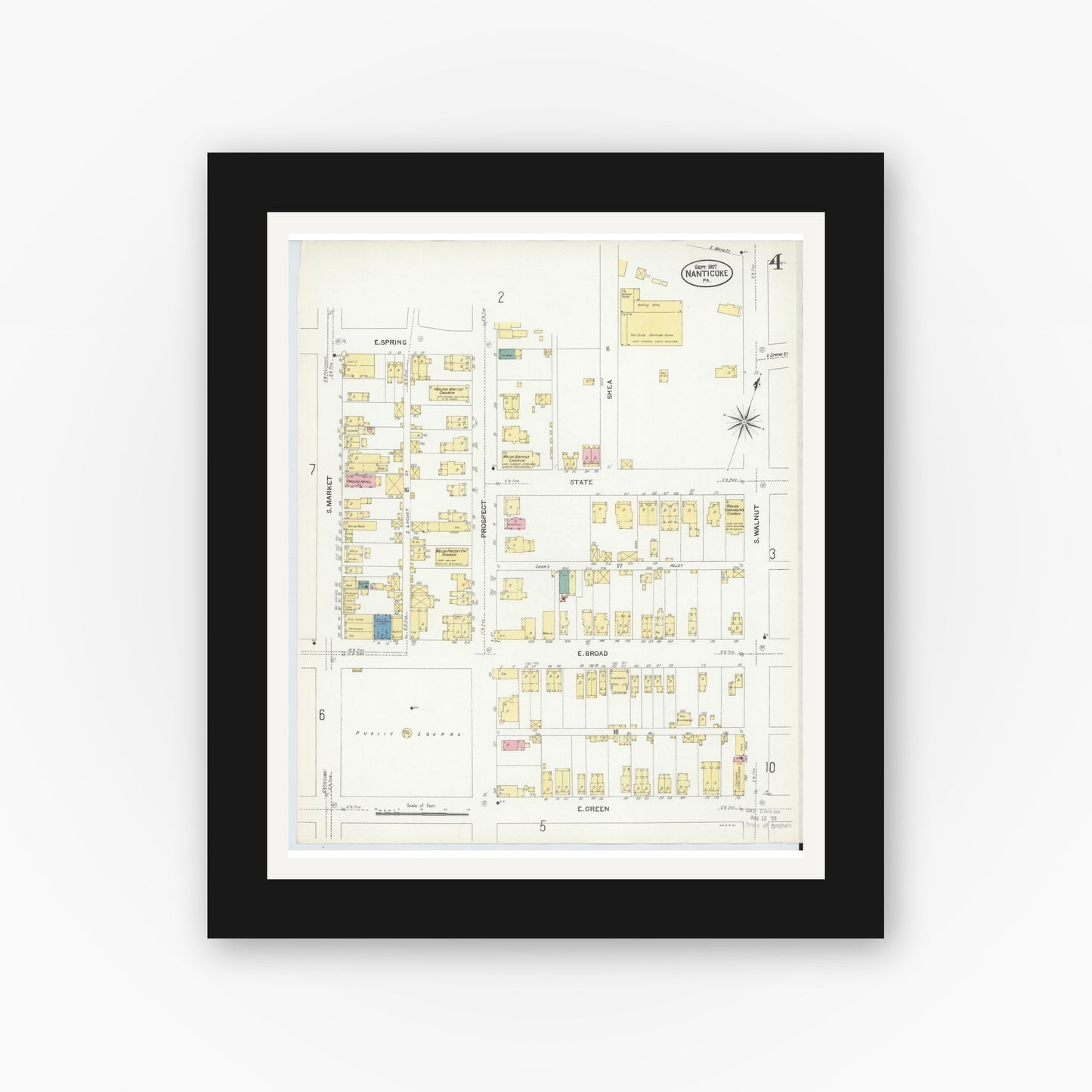 Old map wall art mockup — black gallery frame with white mat — Sanborn Fire Insurance Map from Nanticoke, Luzerne County, Pennsylvania (1907), Sheet #0004