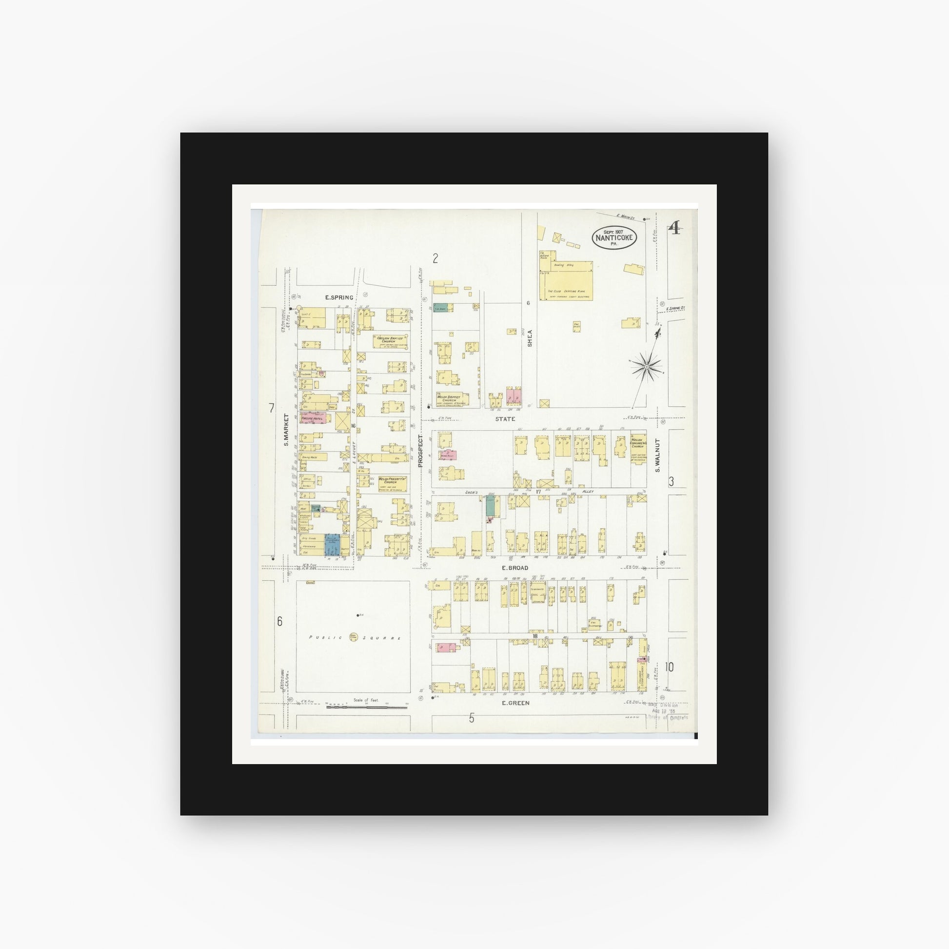 Old map wall art mockup — black gallery frame with white mat — Sanborn Fire Insurance Map from Nanticoke, Luzerne County, Pennsylvania (1907), Sheet #0004