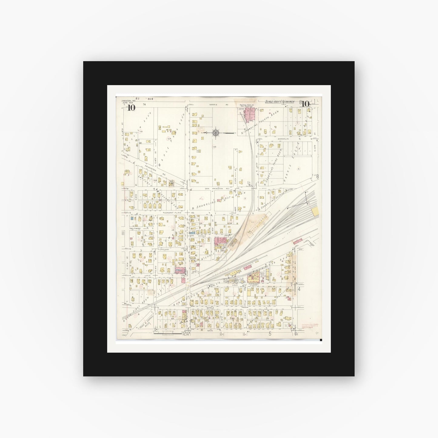 Old map wall art mockup — black gallery frame with white mat — Sanborn Fire Insurance Map from Trenton, Grundy County, Missouri (1948), Sheet #0010