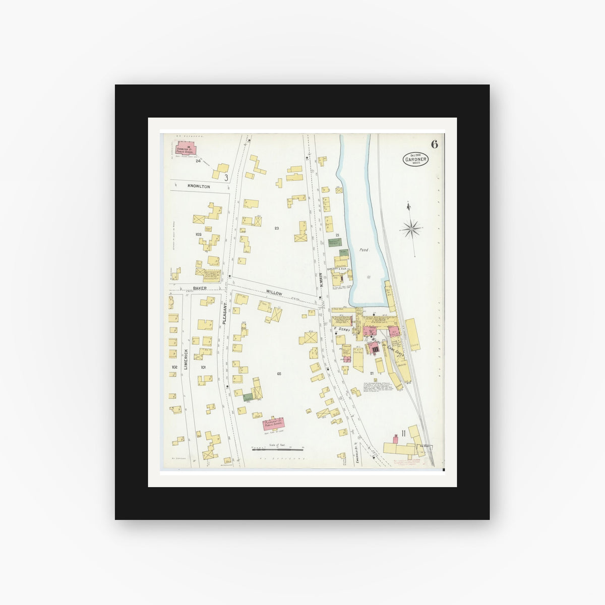 Old map wall art mockup — black gallery frame with white mat — Sanborn Fire Insurance Map from Gardner, Worcester County, Massachusetts (1900), Sheet #0006