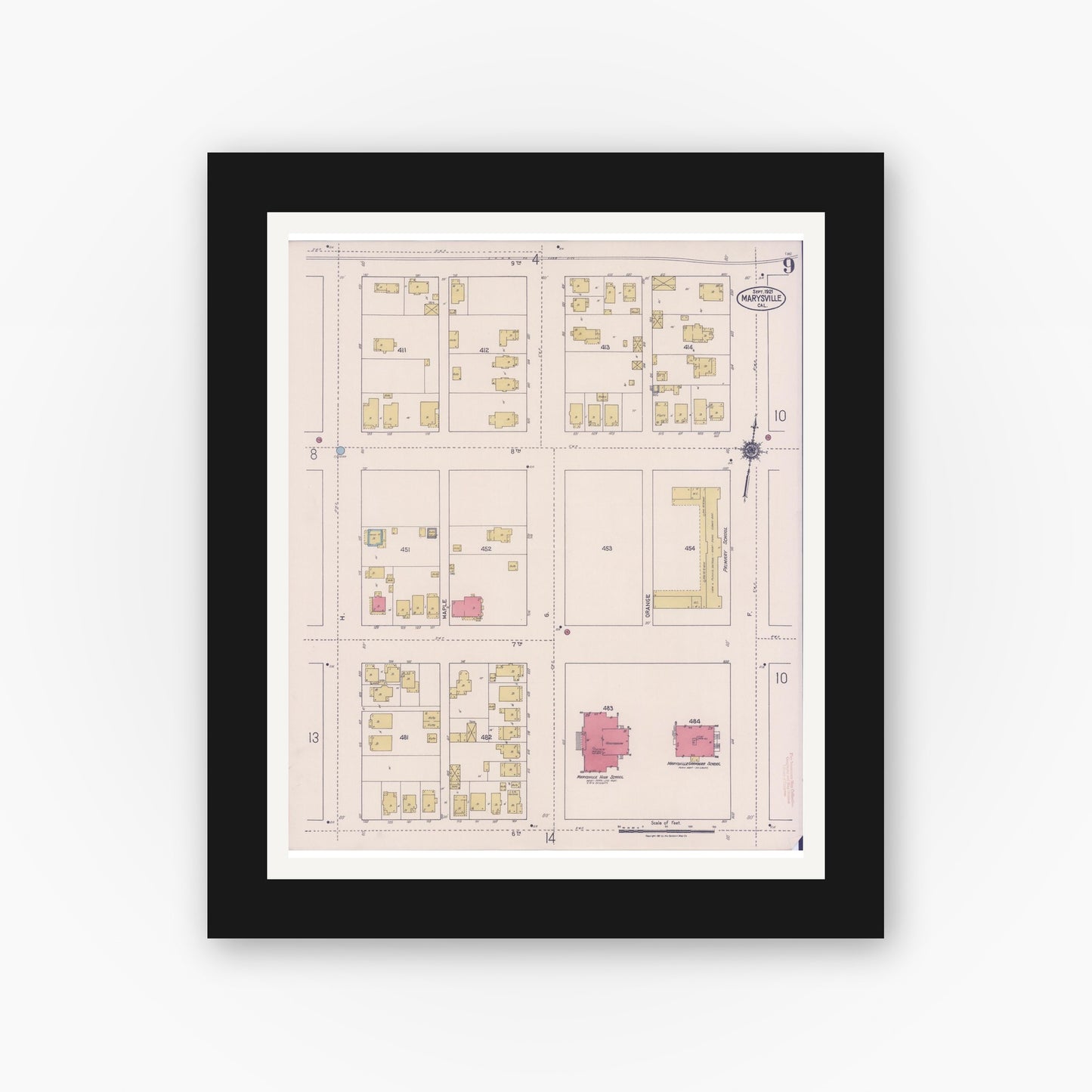 Old map wall art mockup — black gallery frame with white mat — Sanborn Fire Insurance Map from Marysville, Yuba County, California (1921), Sheet #0009