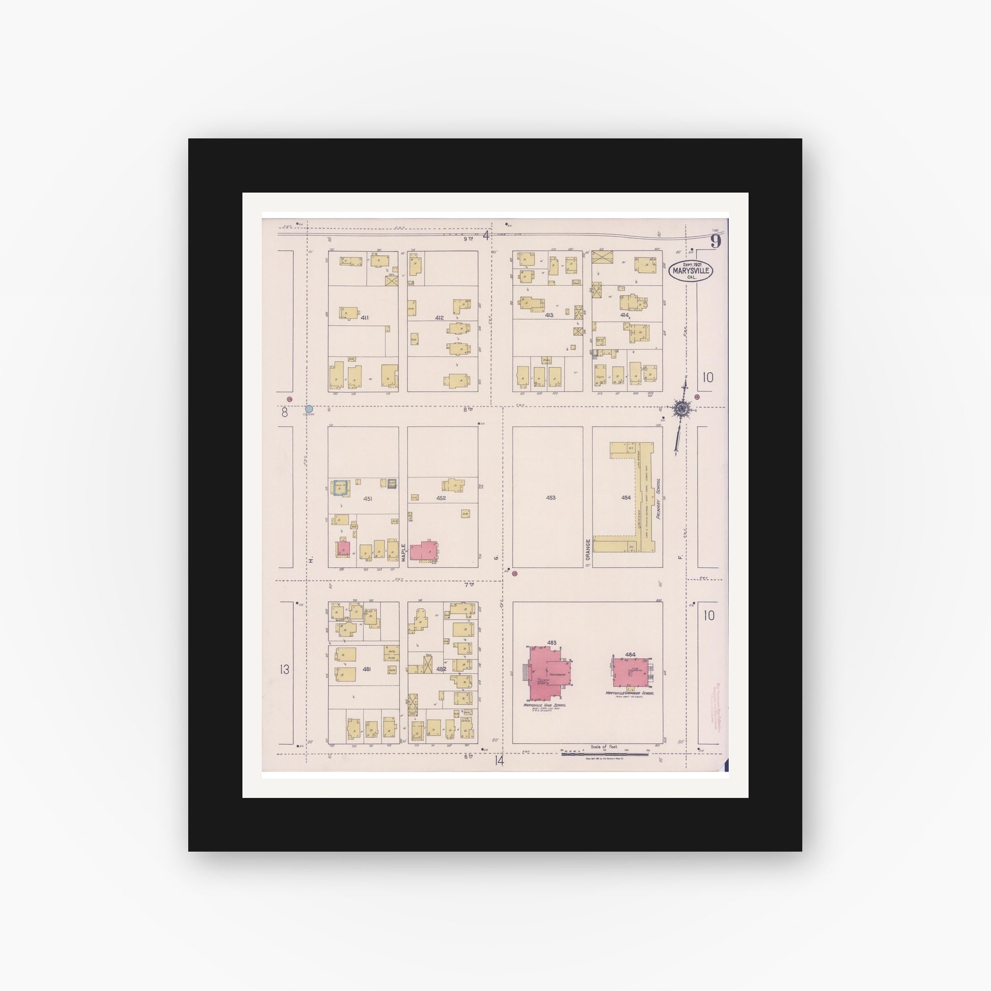 Old map wall art mockup — black gallery frame with white mat — Sanborn Fire Insurance Map from Marysville, Yuba County, California (1921), Sheet #0009