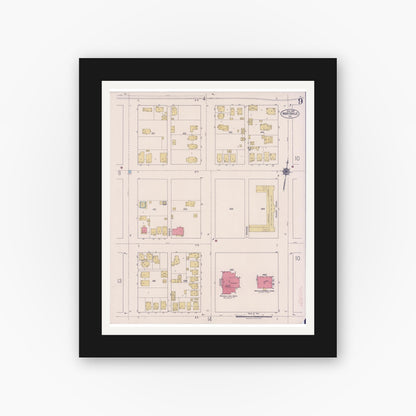 Old map wall art mockup — black gallery frame with white mat — Sanborn Fire Insurance Map from Marysville, Yuba County, California (1921), Sheet #0009