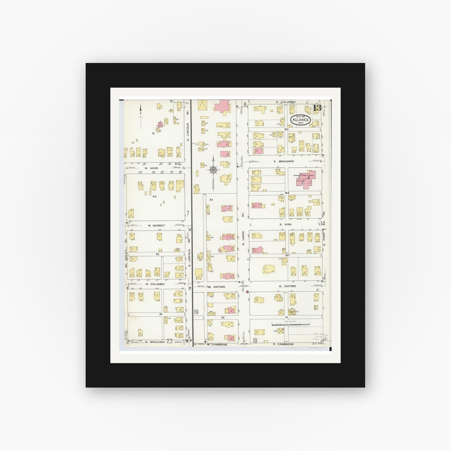 Old map wall art mockup — black gallery frame with white mat — Sanborn Fire Insurance Map from Alliance, Stark County, Ohio (1911), Sheet #0013