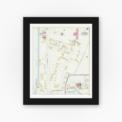 Old map wall art mockup — black gallery frame with white mat — Sanborn Fire Insurance Map from Flushing, Queens County, New York (1897), Sheet #0002