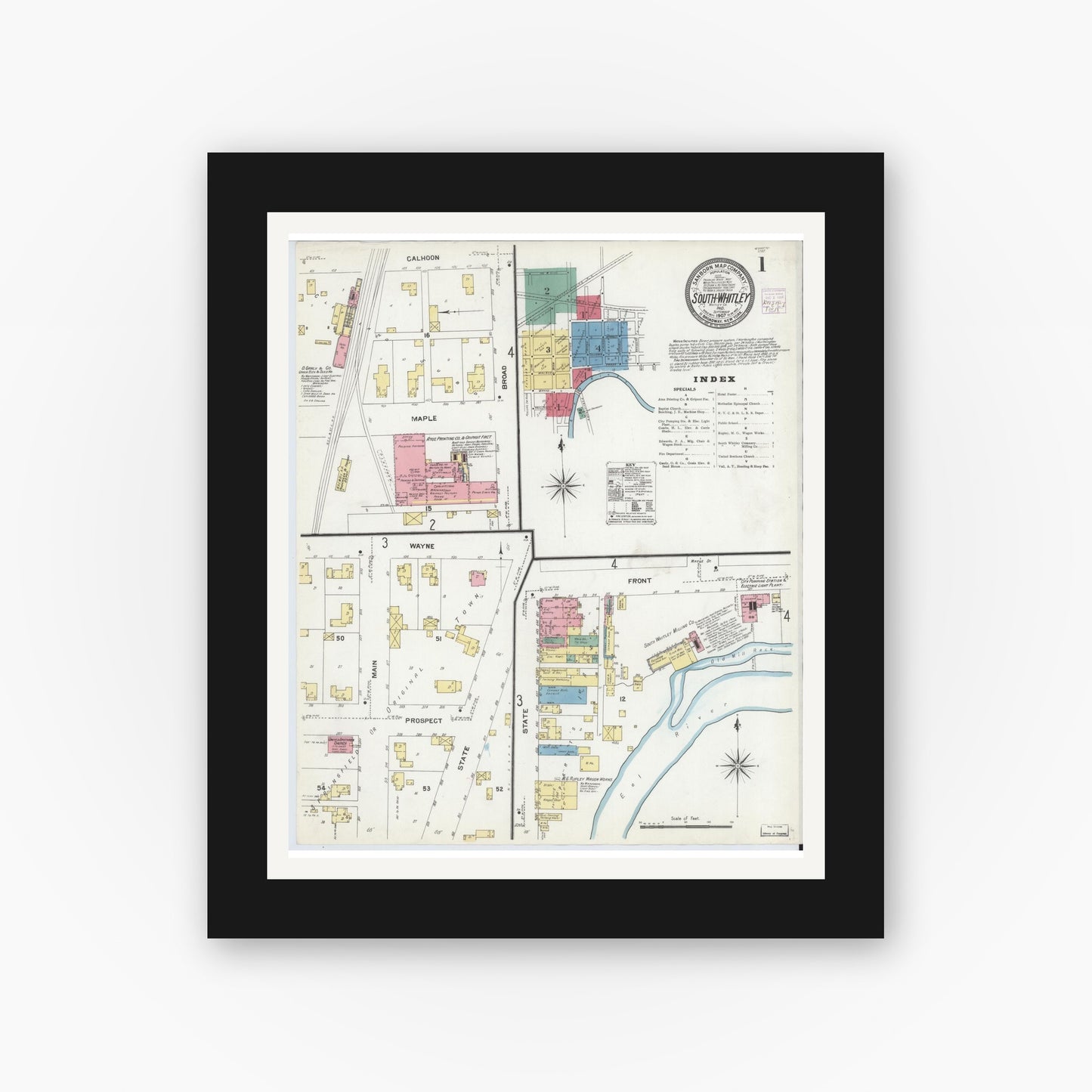 Old map wall art mockup — black gallery frame with white mat — Sanborn Fire Insurance Map from South Whitley, Whitley County, Indiana (1907), Sheet #0001