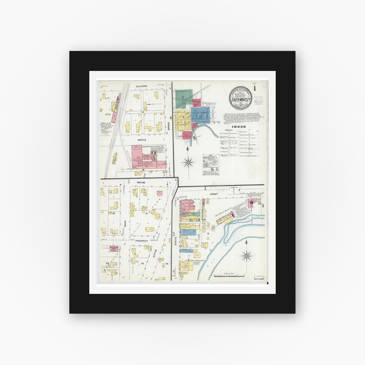 Old map wall art mockup — black gallery frame with white mat — Sanborn Fire Insurance Map from South Whitley, Whitley County, Indiana (1907), Sheet #0001