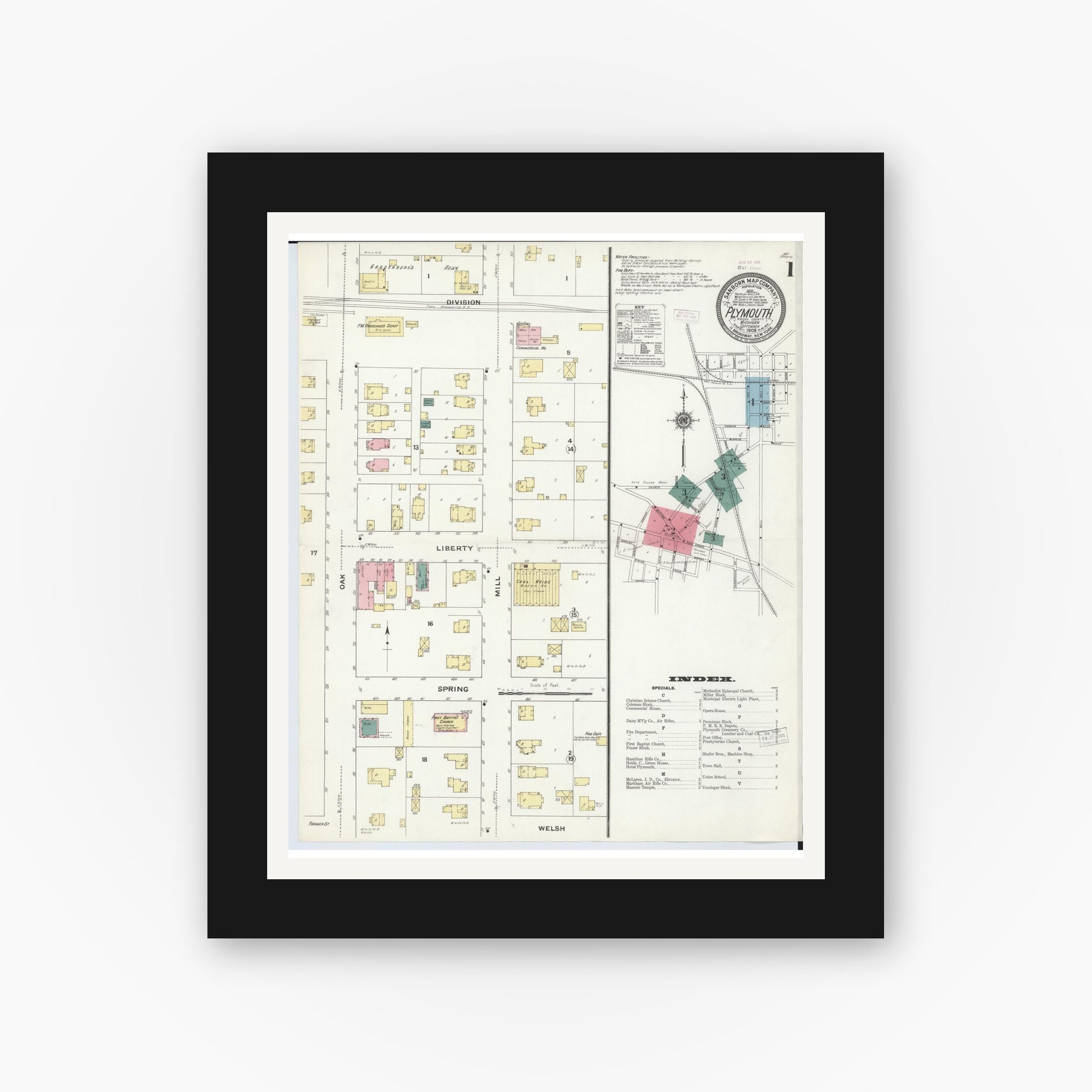 Old map wall art mockup — black gallery frame with white mat — Sanborn Fire Insurance Map from Plymouth, Wayne County, Michigan (1909), Sheet #0001