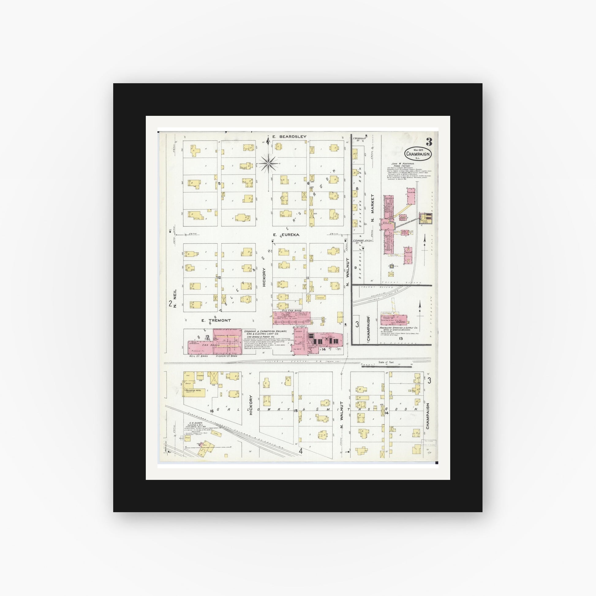 Old map wall art mockup — black gallery frame with white mat — Sanborn Fire Insurance Map from Champaign, Champaign County, Illinois (1909), Sheet #0003