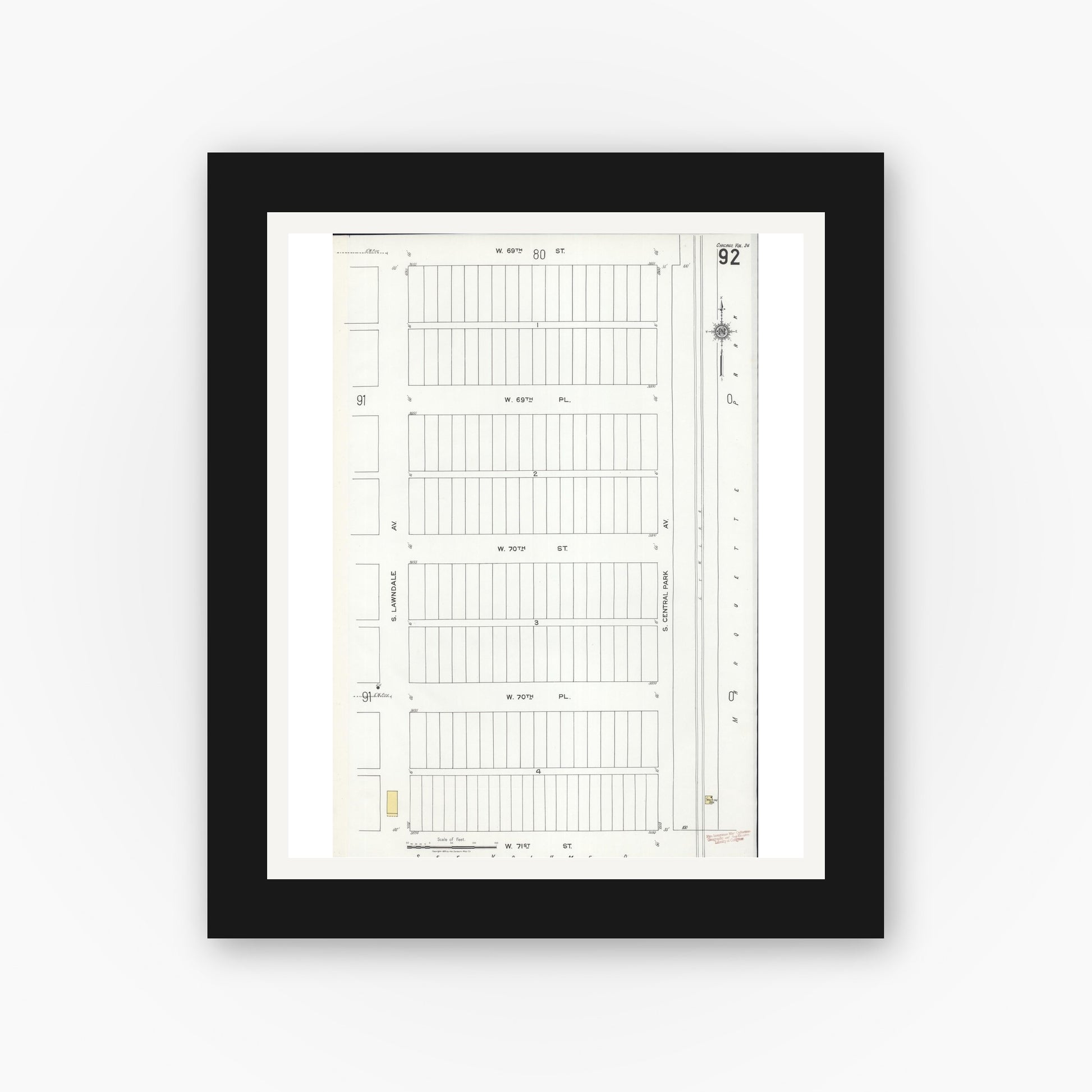Old map wall art mockup — black gallery frame with white mat — Sanborn Fire Insurance Map from Chicago, Cook County, Illinois (1920), Sheet #0092