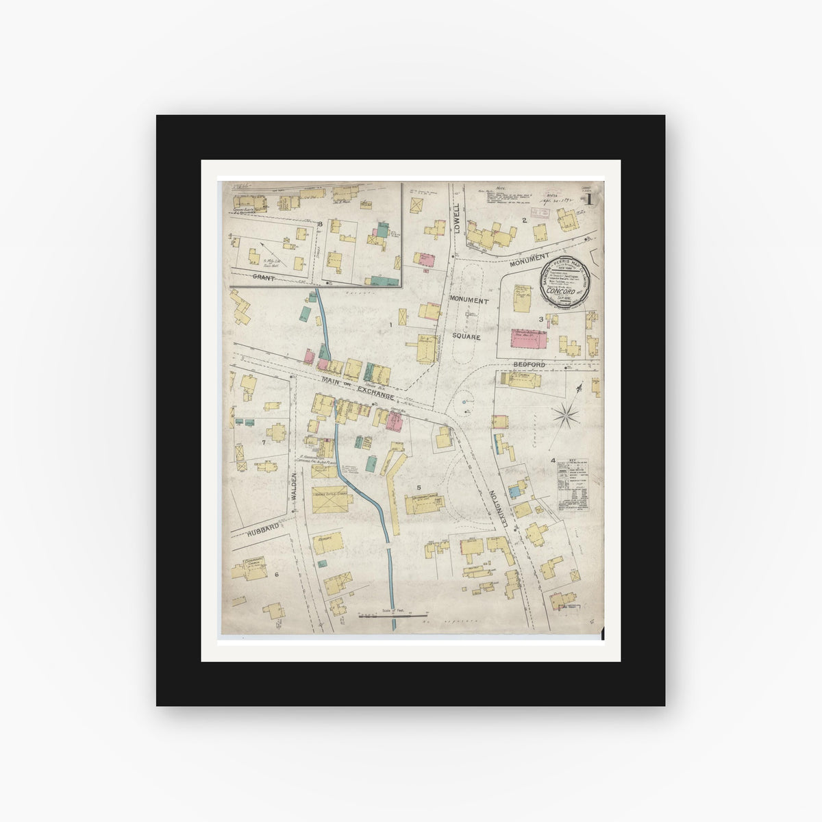 Old map wall art mockup — black gallery frame with white mat — Sanborn Fire Insurance Map from Concord, Middlesex County, Massachusetts (1892) - Complete Map Set