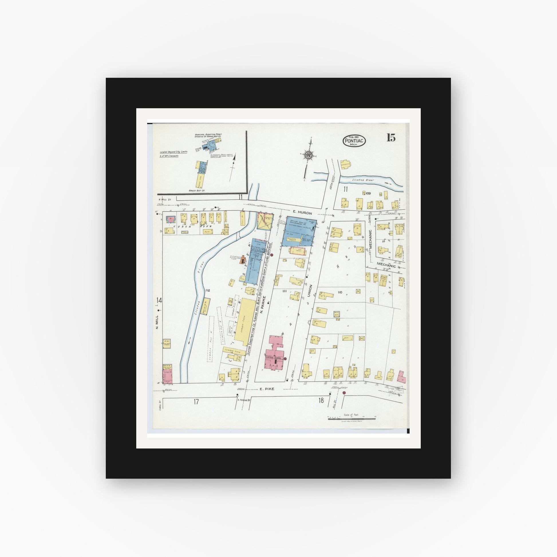 Old map wall art mockup — black gallery frame with white mat — Sanborn Fire Insurance Map from Pontiac, Oakland County, Michigan (1919), Sheet #0015
