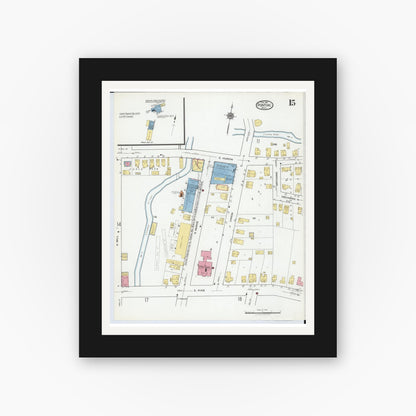 Old map wall art mockup — black gallery frame with white mat — Sanborn Fire Insurance Map from Pontiac, Oakland County, Michigan (1919), Sheet #0015