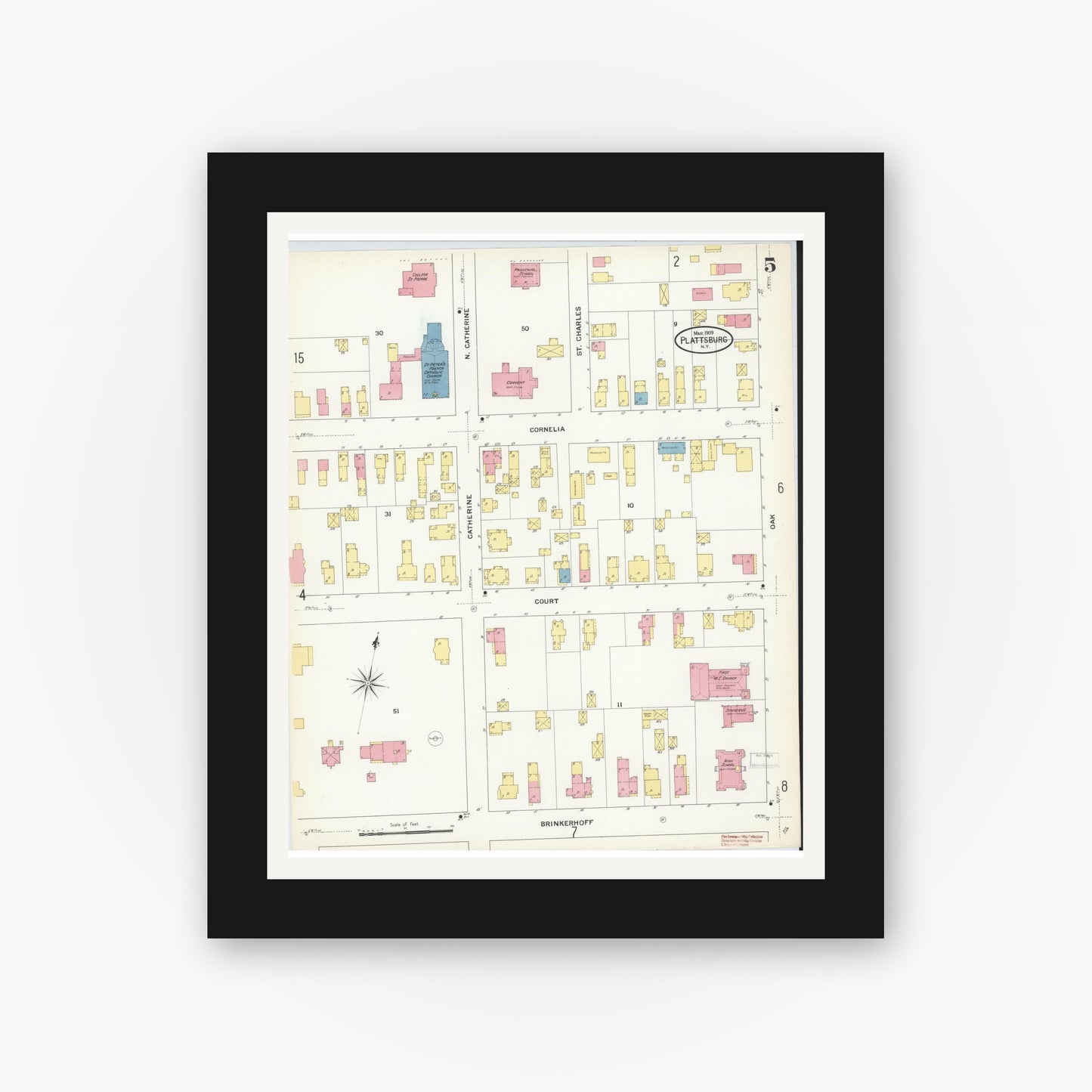 Old map wall art mockup — black gallery frame with white mat — Sanborn Fire Insurance Map from Plattsburg, Clinton County, New York (1909), Sheet #0004