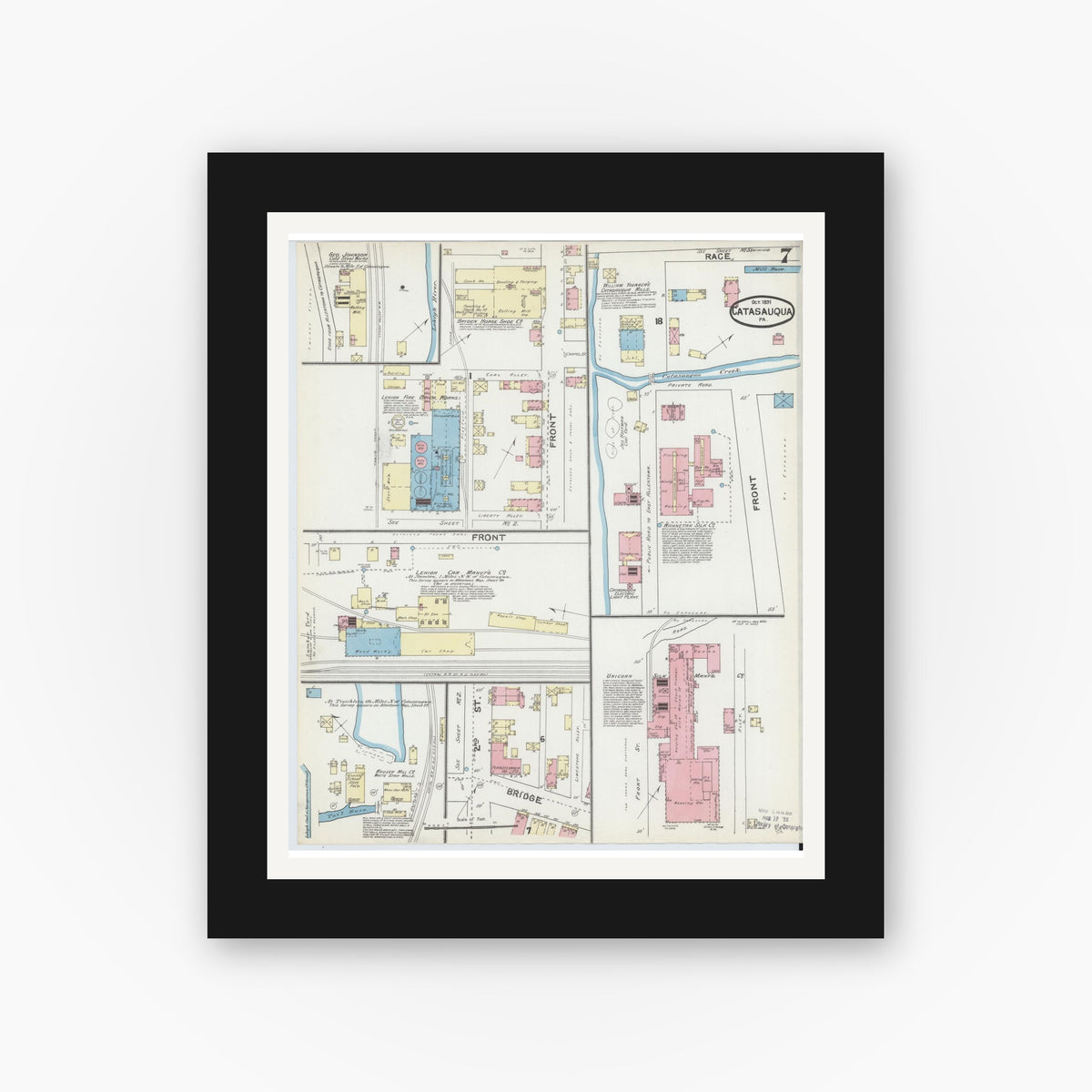Old map wall art mockup — black gallery frame with white mat — Sanborn Fire Insurance Map from Catasauqua, Lehigh County, Pennsylvania (1891), Sheet #0007