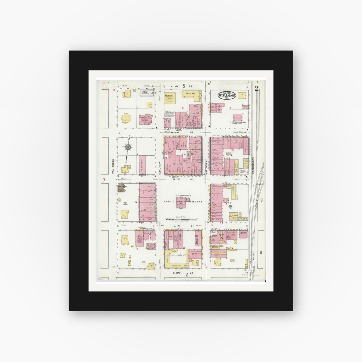 Old map wall art mockup — black gallery frame with white mat — Sanborn Fire Insurance Map from Mount Pleasant, Titus County, Texas (1920), Sheet #0002