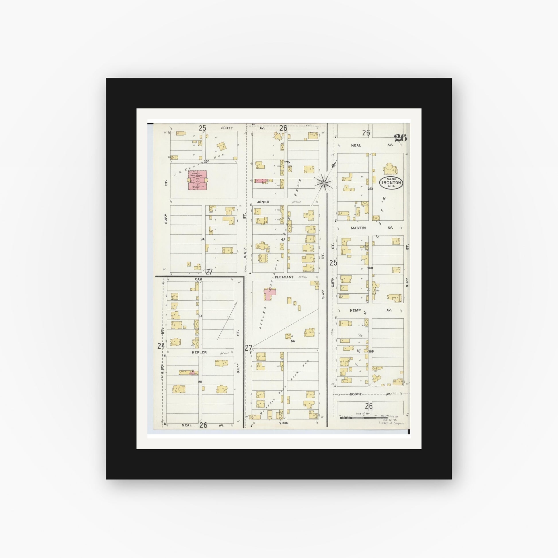 Old map wall art mockup — black gallery frame with white mat — Sanborn Fire Insurance Map from Ironton, Lawrence County, Ohio (1904), Sheet #0026