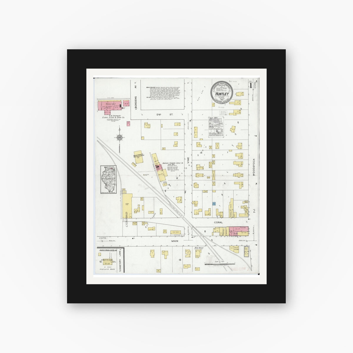 Old map wall art mockup — black gallery frame with white mat — Sanborn Fire Insurance Map from Huntley, McHenry County, Illinois (1919) - Complete Map Set