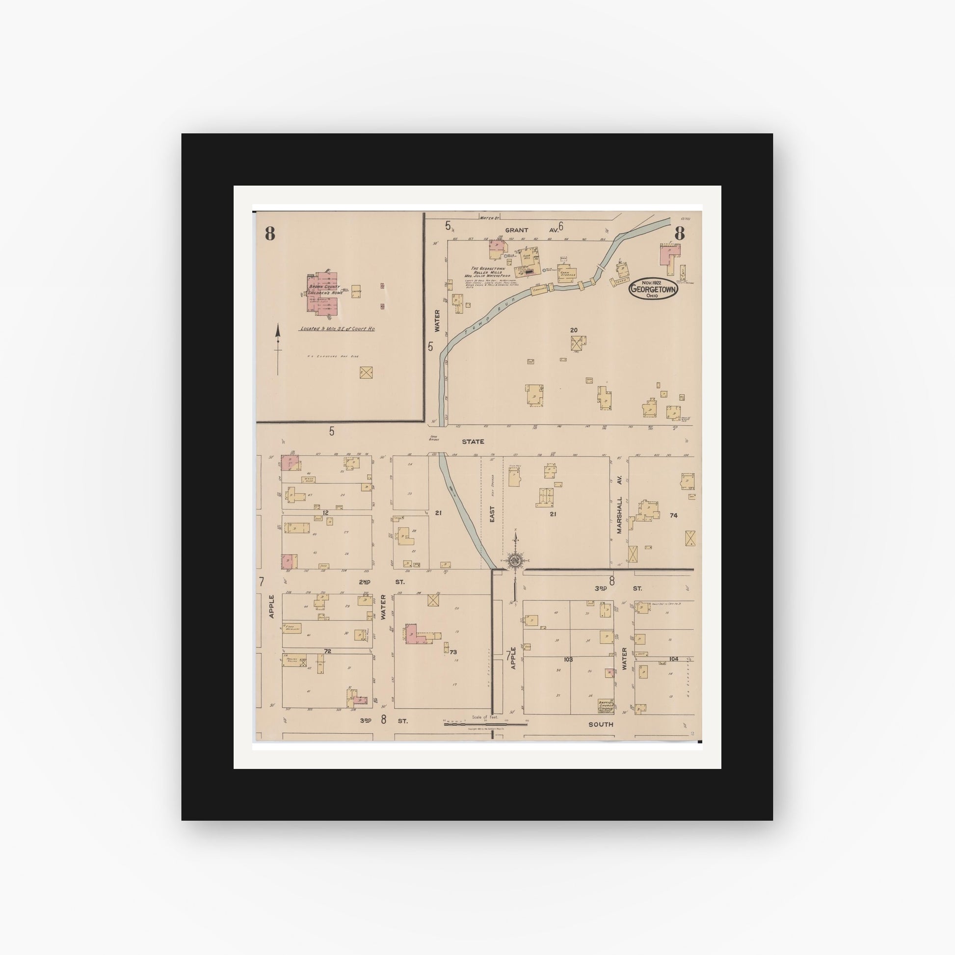 Old map wall art mockup — black gallery frame with white mat — Sanborn Fire Insurance Map from Georgetown, Brown County, Ohio (1922), Sheet #0008