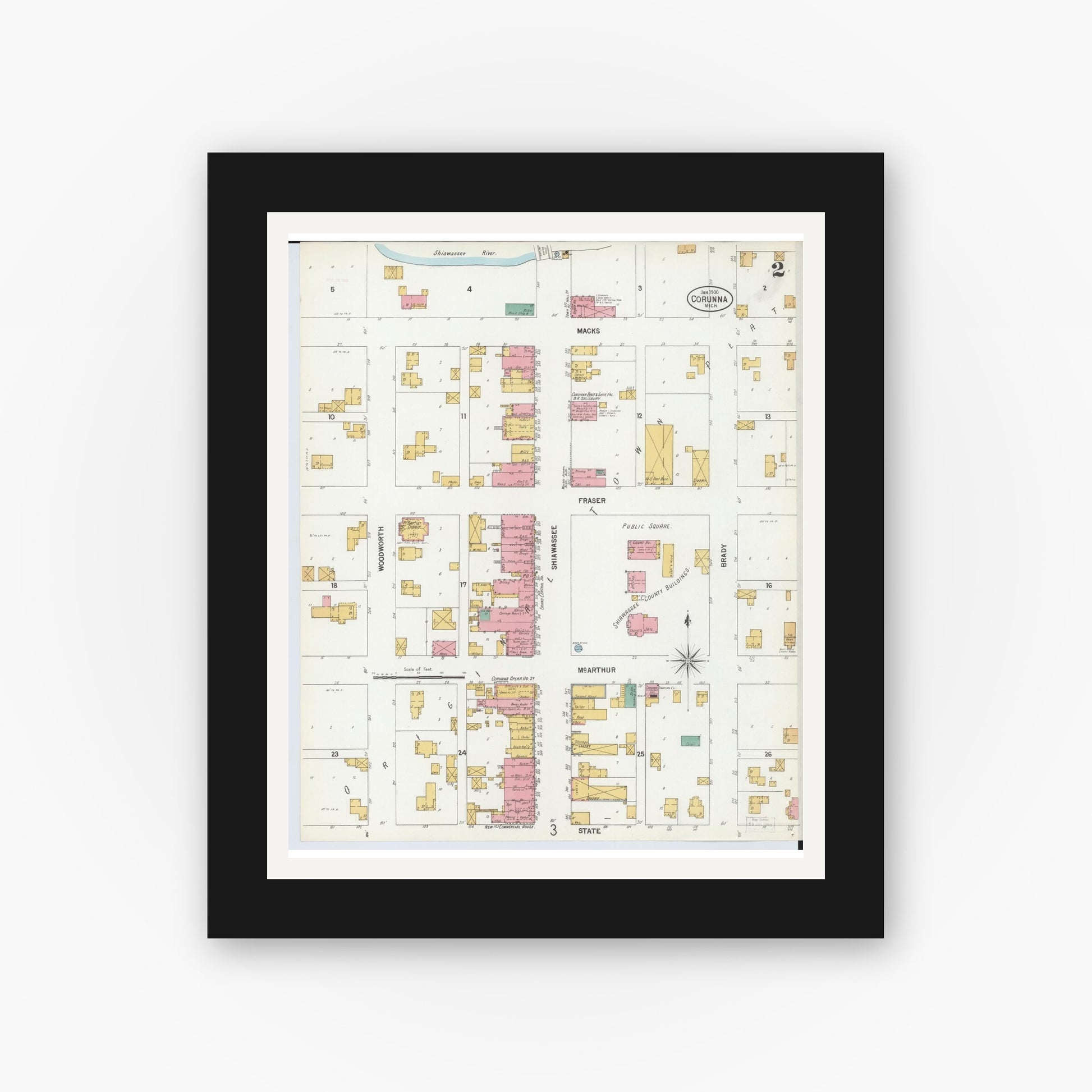 Old map wall art mockup — black gallery frame with white mat — Sanborn Fire Insurance Map from Corunna, Shiawassee County, Michigan (1900), Sheet #0002