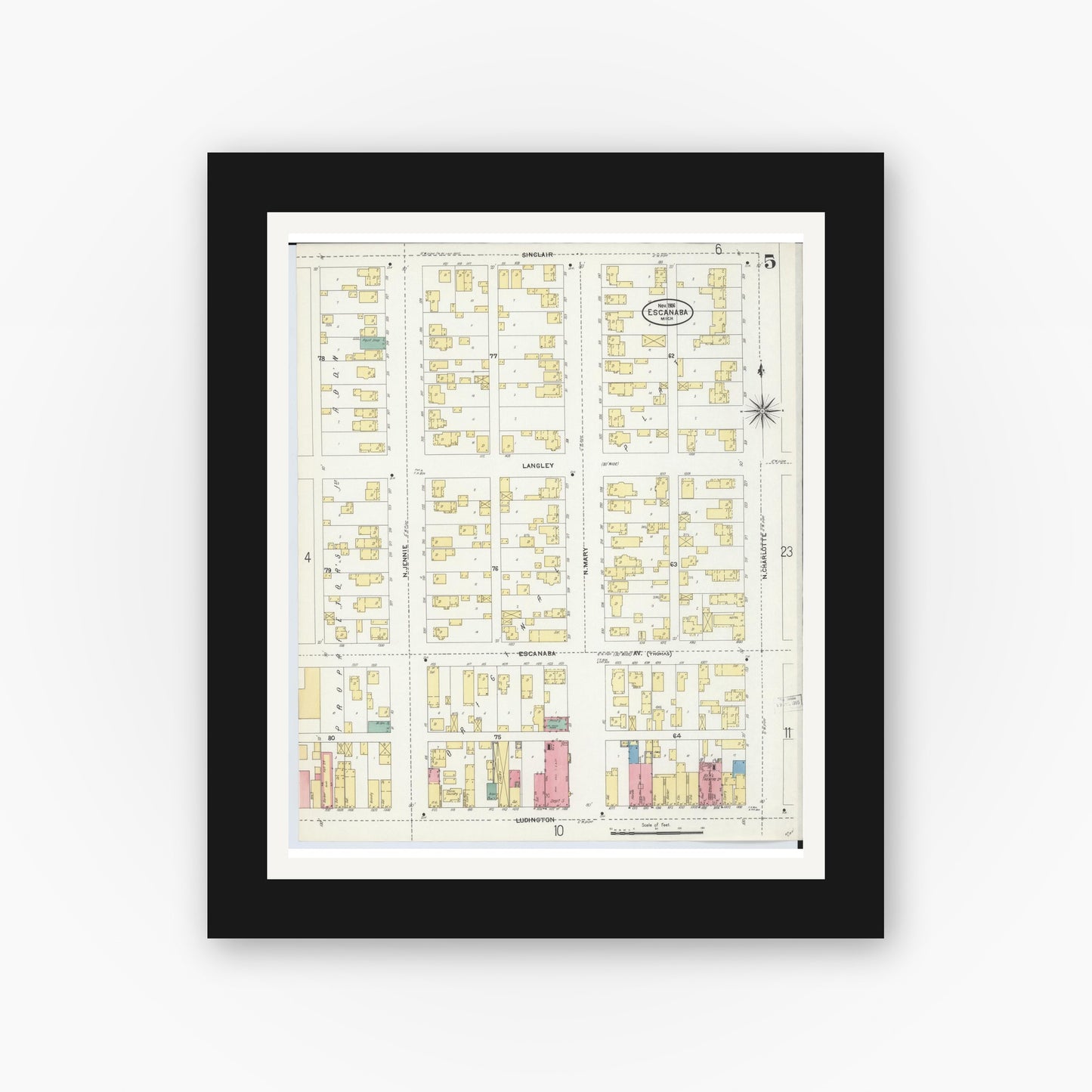 Old map wall art mockup — black gallery frame with white mat — Sanborn Fire Insurance Map from Escanaba, Delta County, Michigan (1906), Sheet #0005