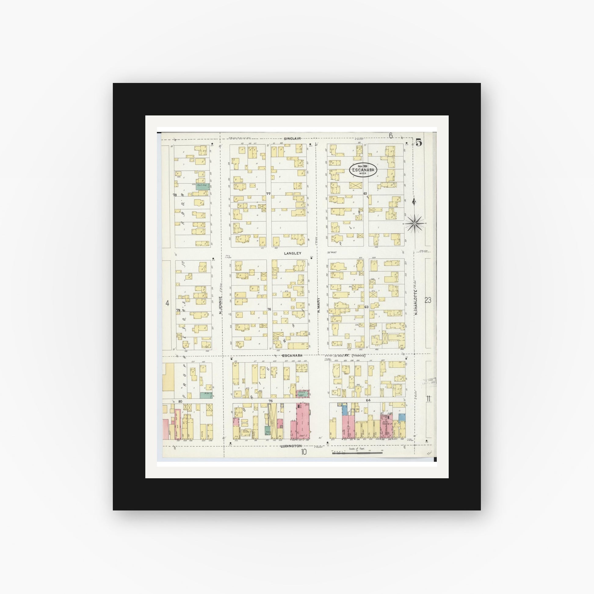 Old map wall art mockup — black gallery frame with white mat — Sanborn Fire Insurance Map from Escanaba, Delta County, Michigan (1906), Sheet #0005