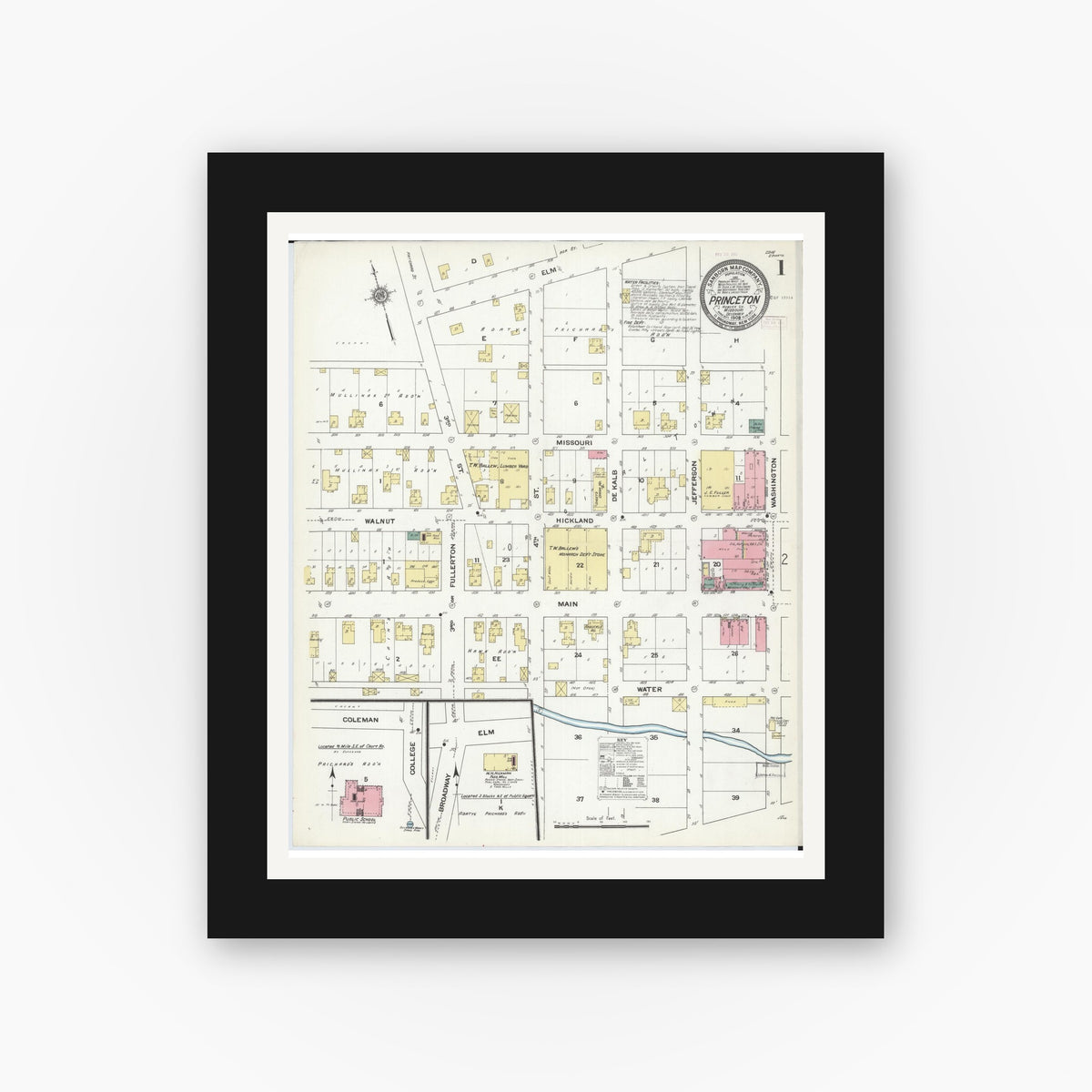 Old map wall art mockup — black gallery frame with white mat — Sanborn Fire Insurance Map from Princeton, Mercer County, Missouri (1909) - Complete Map Set