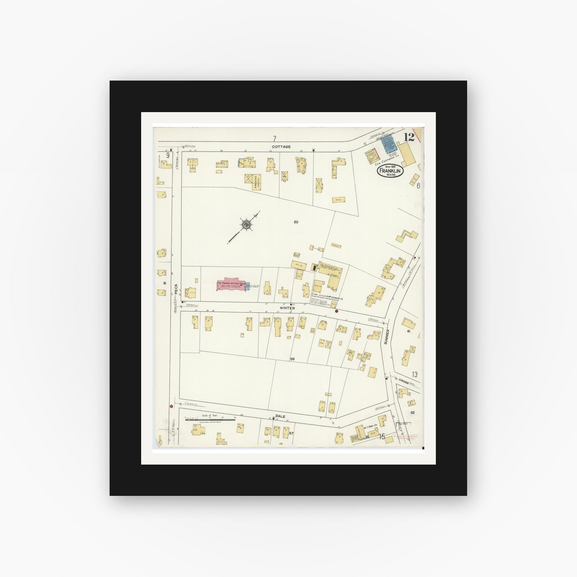 Old map wall art mockup — black gallery frame with white mat — Sanborn Fire Insurance Map from Franklin, Norfolk County, Massachusetts (1919), Sheet #0012